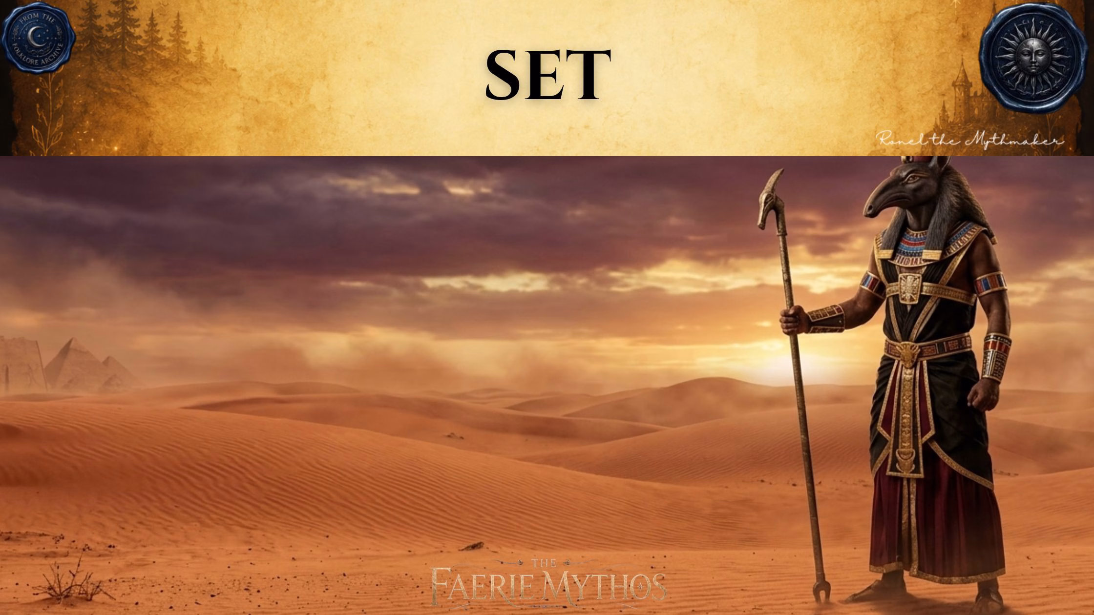 A character card from "The Faerie Mythos" series titled "SET" by Ronel the Mythmaker. The image features the Egyptian god Set, depicted with the head of his characteristic animal, standing in a vast, golden desert landscape under a stormy sunset, holding a staff. The top section features a parchment-textured bar with wax seals from "From The Folklore Archive" on the sides, and the text is displayed in black.