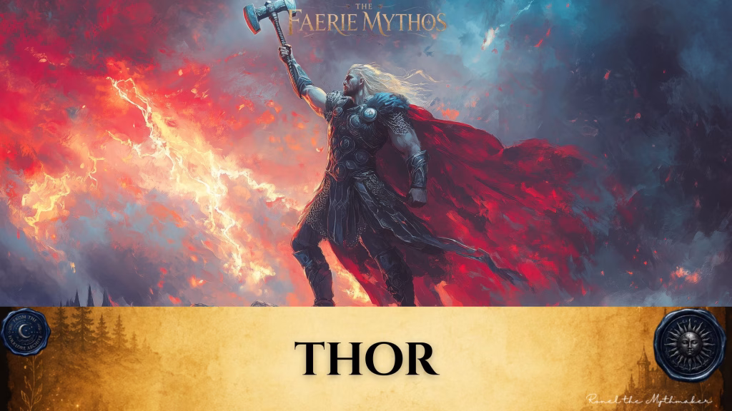 A character card from "The Faerie Mythos" series titled "THOR" by Ronel the Mythmaker. The image depicts the Norse god Thor, wearing armor and a flowing red cape, holding his hammer aloft amidst a backdrop of swirling energy and lightning. The bottom section contains a parchment-textured bar with wax seals from "From The Folklore Archive" on the sides, and the text is displayed in black.