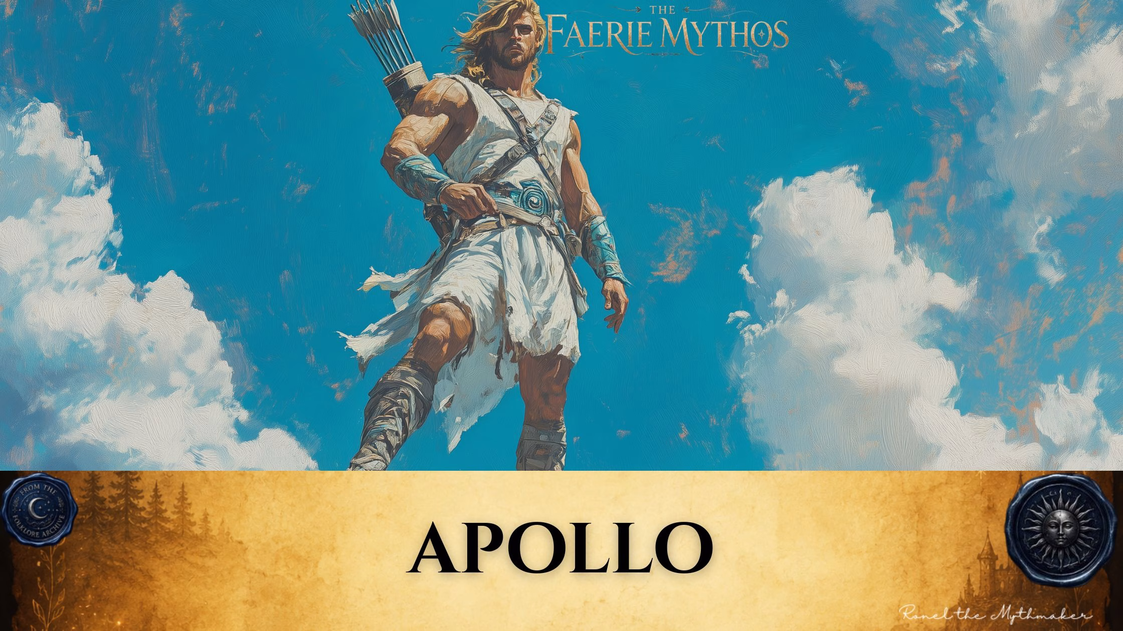 A character card from "The Faerie Mythos" series titled "APOLLO" by Ronel the Mythmaker. The image depicts the Greek god Apollo, muscular and blonde, carrying a quiver of arrows and standing against a bright blue sky filled with white clouds. The bottom section contains a parchment-textured bar with wax seals from "From The Folklore Archive" on the sides, and the text is displayed in black.