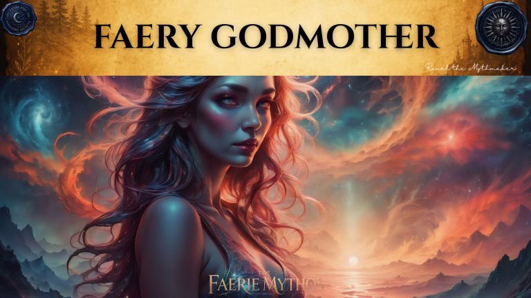 A character card from "The Faerie Mythos" series titled "FAERY GODMOTHER" by Ronel the Mythmaker. The image features an ethereal, beautiful woman with flowing hair set against a vibrant, cosmic sky filled with swirling nebulae and a glowing sunset over a distant landscape. The top section contains a parchment-textured bar with wax seals from "From The Folklore Archive" on the sides, and the text is displayed in black.
