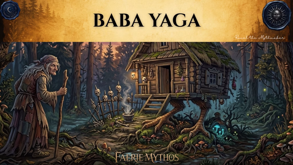 A character card from "The Faerie Mythos" series titled "BABA YAGA" by Ronel the Mythmaker. The image features the iconic witch Baba Yaga standing near her hut, which is perched on giant chicken legs in a dark, forested setting. A fence decorated with skulls and a steaming cauldron are visible nearby. The top section contains a parchment-textured bar with wax seals from "From The Folklore Archive" on the sides, and the text is displayed in black.
