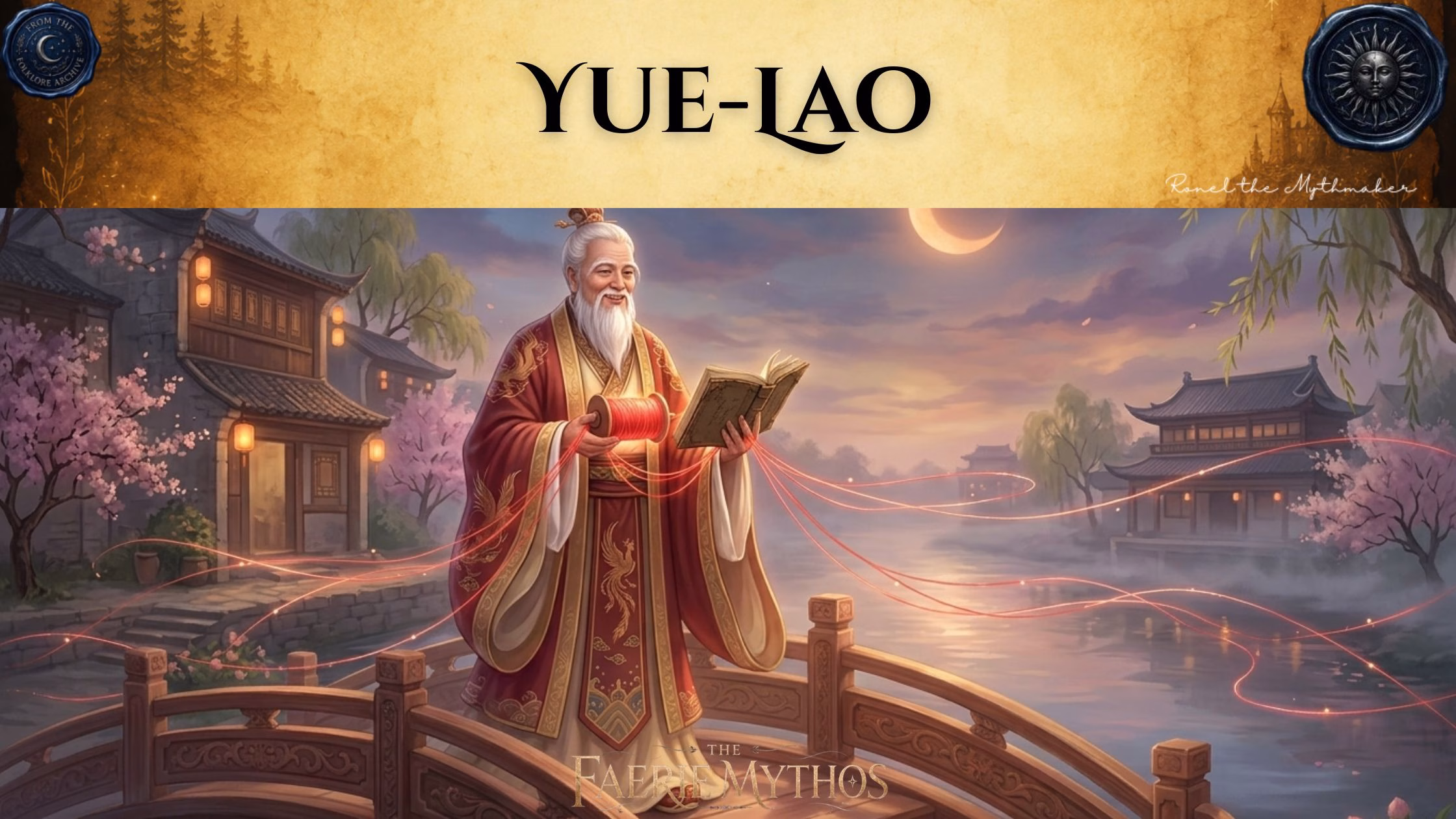 A character card from "The Faerie Mythos" series titled "YUE-LAO" by Ronel the Mythmaker. The image depicts the Chinese deity of marriage, Yue-Lao, with a long white beard, wearing traditional red robes and standing on a bridge while holding a book and a spool of red thread that connects to the world around him. The top section features a parchment-textured bar with wax seals from "From The Folklore Archive" on the sides, and the text is displayed in black.
