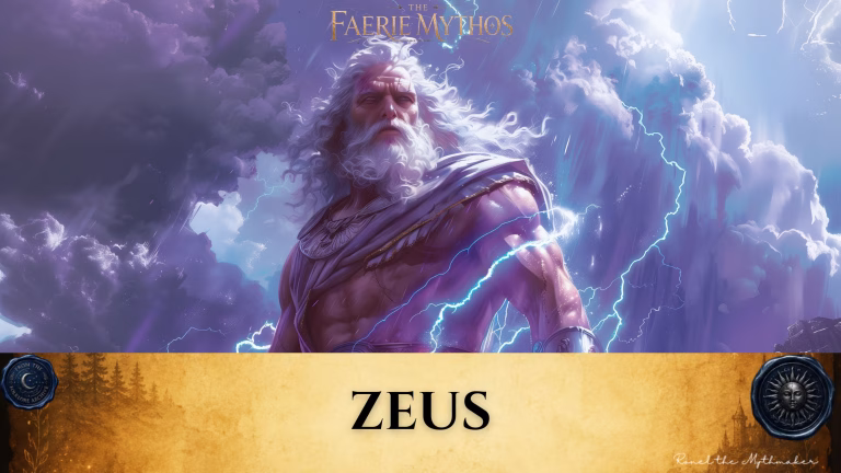 A character card from "The Faerie Mythos" series titled "ZEUS" by Ronel the Mythmaker. The image depicts the powerful Greek god Zeus with long white hair and a beard, standing against a backdrop of stormy purple clouds and striking lightning. The bottom section contains a parchment-textured bar with wax seals from "From The Folklore Archive" on the sides, and the text is displayed in black.