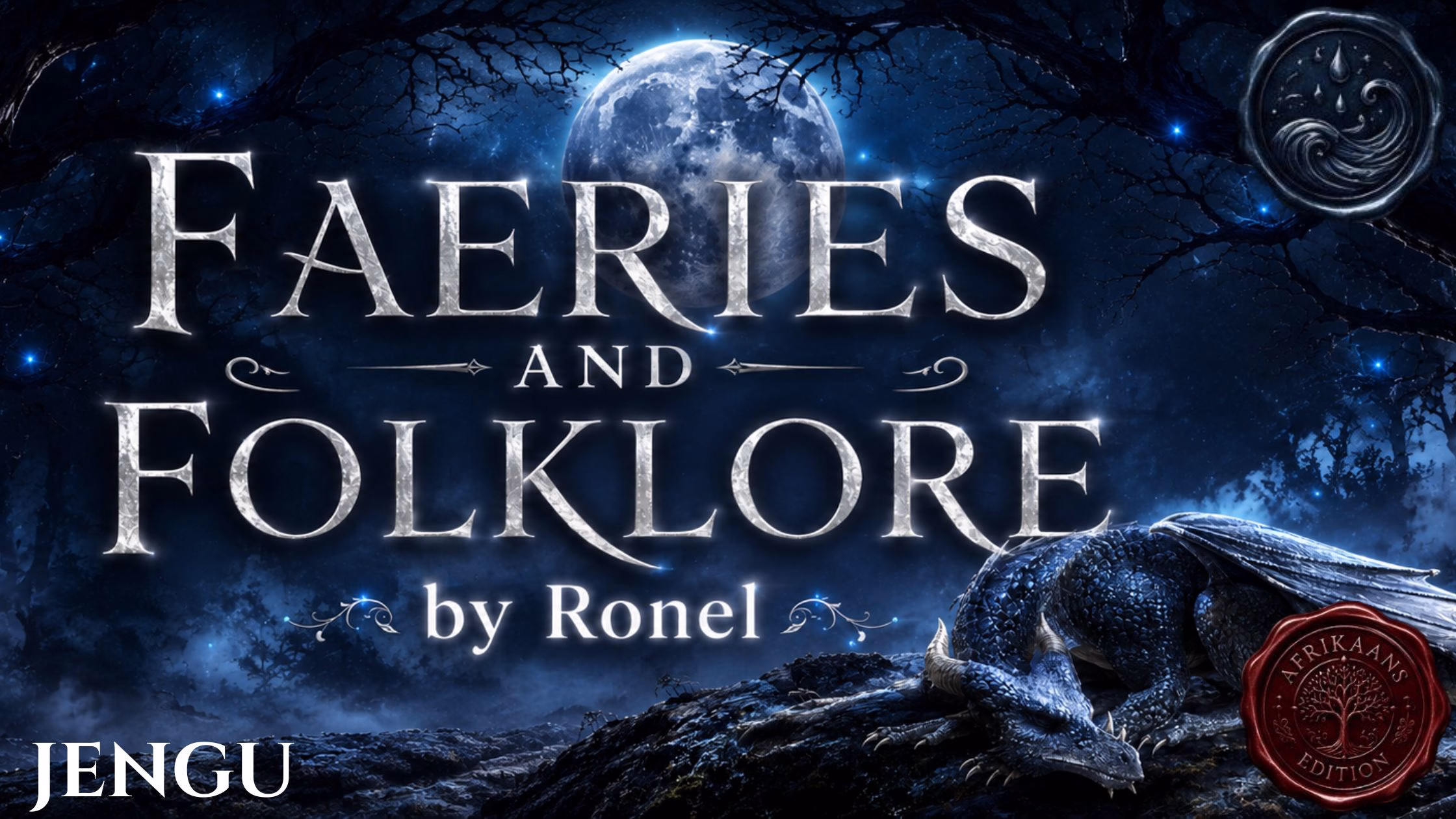 A dark fantasy banner titled "FAERIES AND FOLKLORE by Ronel," set against a misty, gnarled forest under a large, glowing full moon. In the bottom left corner, the word "Jengu" is written in a clean, white serif font. In the top right corner, there is a circular, dark metallic or wax seal stamp featuring an embossed illustration of a wave. A scaly blue dragon rests on a rocky ridge in the foreground, surrounded by faint, glowing blue magical embers. A red wax seal has “Afrikaans Edition” stamped on it with an embossed tree.