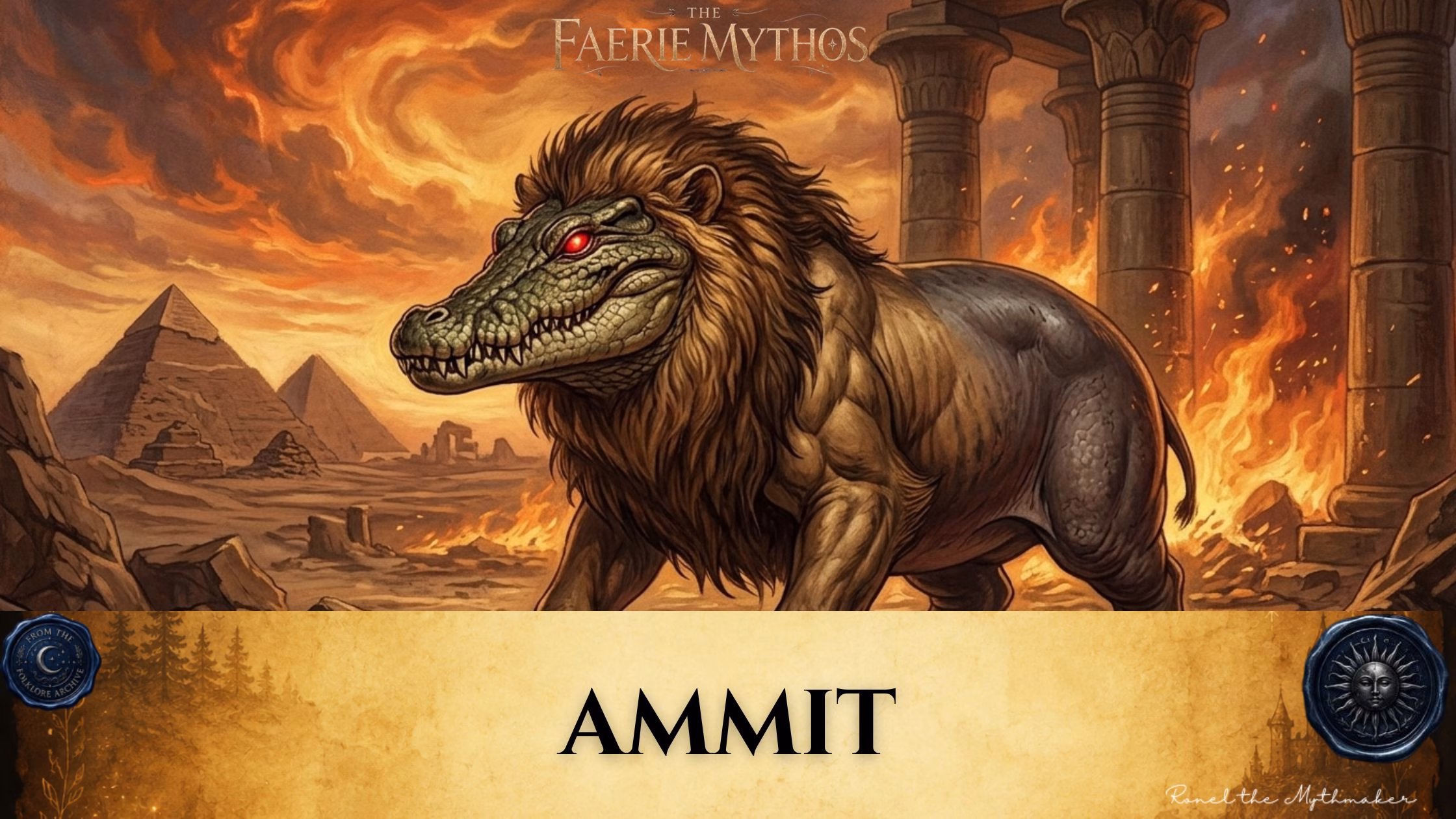 A blog banner for "The Faerie Mythos" series titled "AMMIT" by Ronel the Mythmaker. The image features the Egyptian mythological creature Ammit—with the head of a crocodile, the mane and forequarters of a lion, and the hindquarters of a hippo—standing against a backdrop of ancient Egyptian pyramids and a fiery, atmospheric landscape. The bottom section contains a parchment-textured bar with wax seals from "From The Folklore Archive" on the sides, and the text is displayed in black.