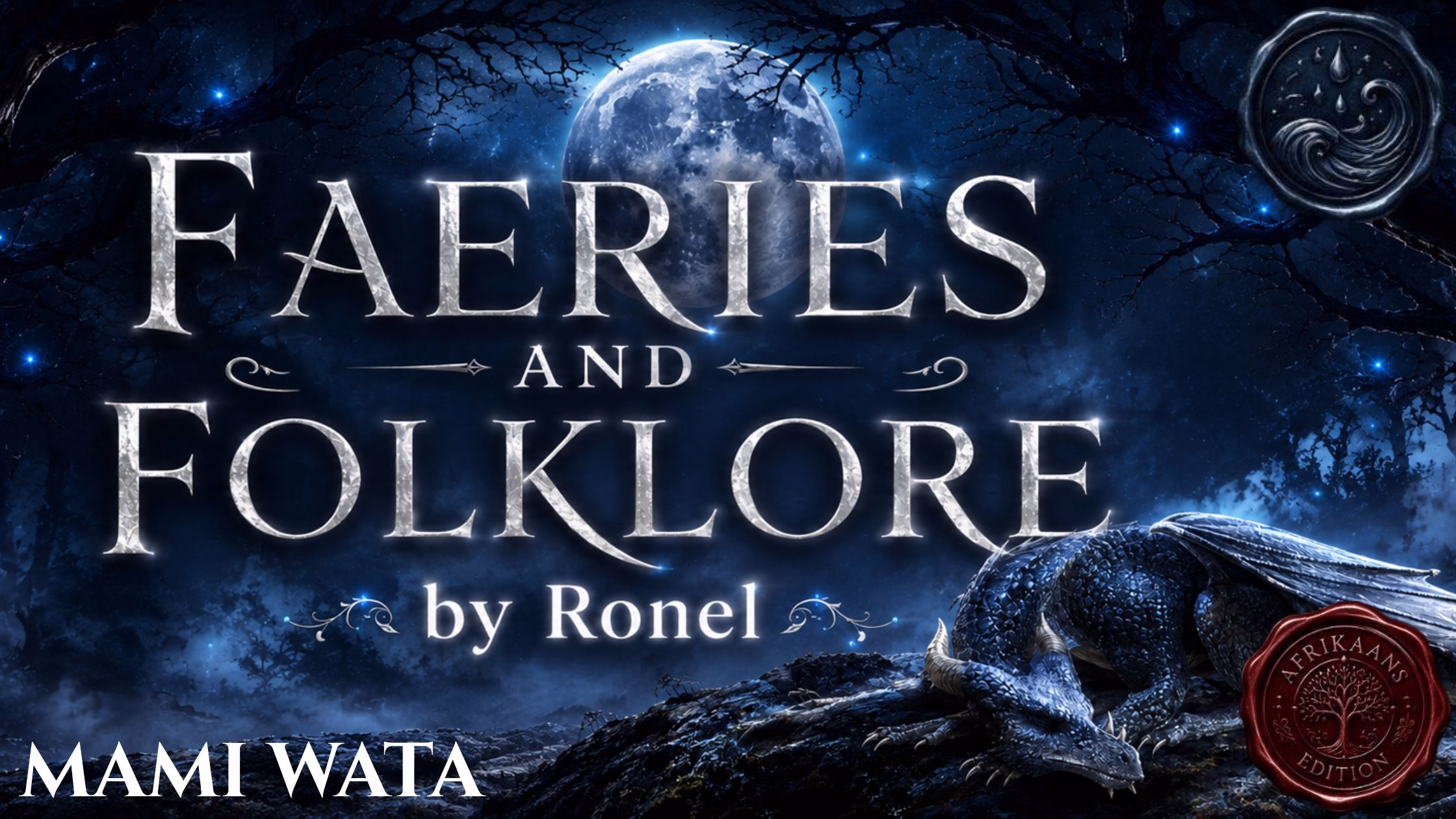 A dark fantasy banner titled "FAERIES AND FOLKLORE by Ronel," set against a misty, gnarled forest under a large, glowing full moon. In the bottom left corner, the word "Mami Wata" is written in a clean, white serif font. In the top right corner, there is a circular, dark metallic or wax seal stamp featuring an embossed illustration of a wave. A scaly blue dragon rests on a rocky ridge in the foreground, surrounded by faint, glowing blue magical embers. A red wax seal has “Afrikaans Edition” stamped on it with an embossed tree.