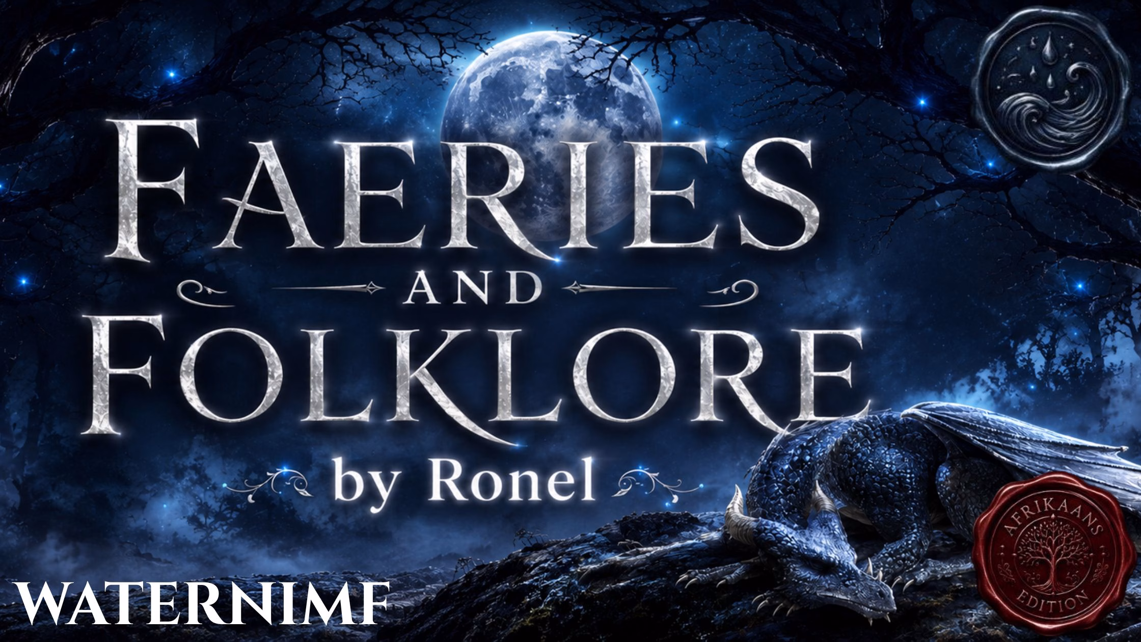 A dark fantasy banner titled "FAERIES AND FOLKLORE by Ronel," set against a misty, gnarled forest under a large, glowing full moon. In the bottom left corner, the word "Waternimf" is written in a clean, white serif font. In the top right corner, there is a circular, dark metallic or wax seal stamp featuring an embossed illustration of a wave. A scaly blue dragon rests on a rocky ridge in the foreground, surrounded by faint, glowing blue magical embers. A red wax seal has “Afrikaans Edition” stamped on it with an embossed tree.