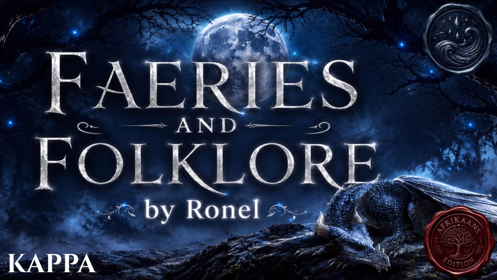 A dark fantasy banner titled "FAERIES AND FOLKLORE by Ronel," set against a misty, gnarled forest under a large, glowing full moon. In the bottom left corner, the word "Kappa" is written in a clean, white serif font. In the top right corner, there is a circular, dark metallic or wax seal stamp featuring an embossed illustration of a wave. A scaly blue dragon rests on a rocky ridge in the foreground, surrounded by faint, glowing blue magical embers. A red wax seal has “Afrikaans Edition” stamped on it with an embossed tree.