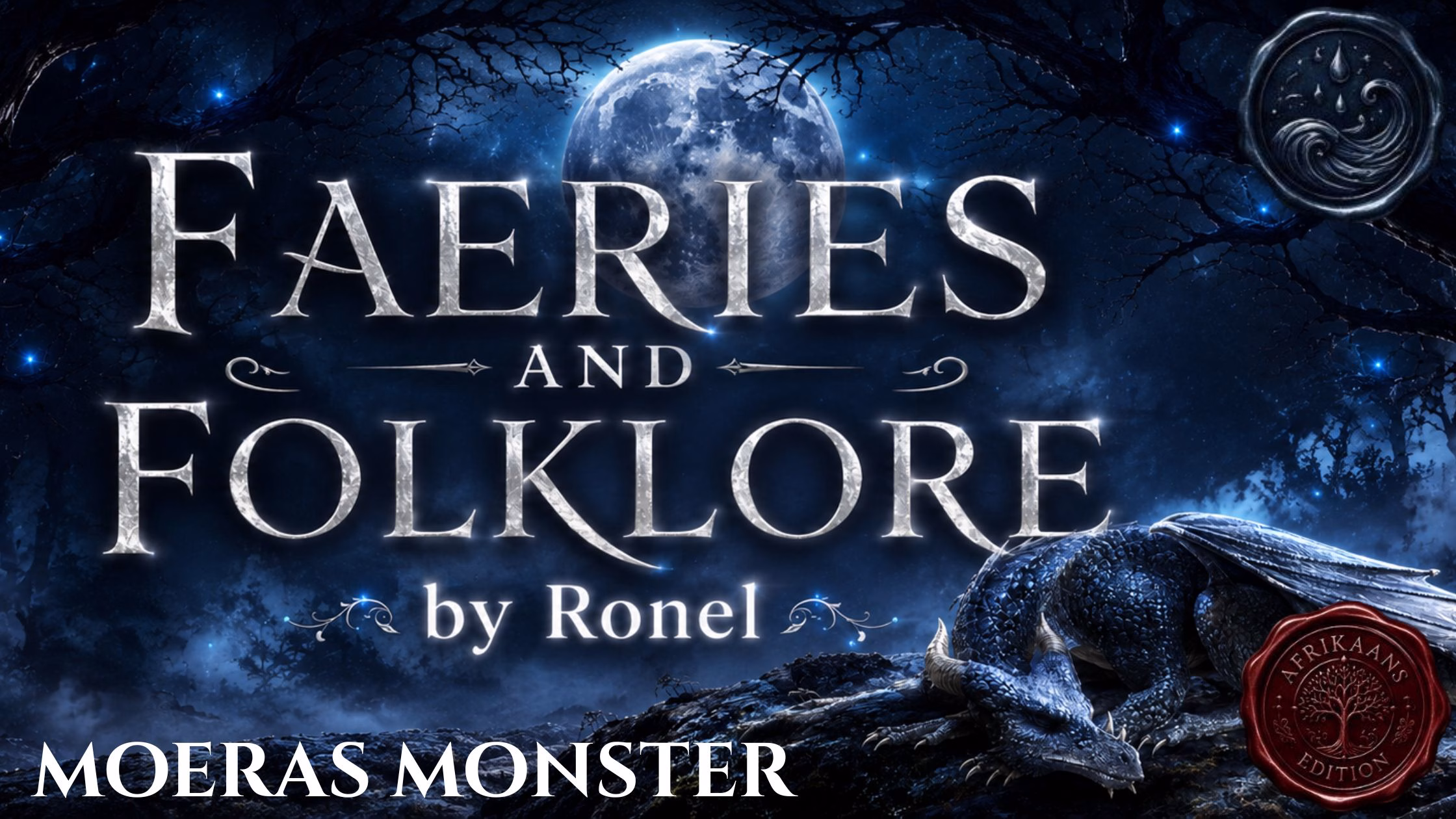 A dark fantasy banner titled "FAERIES AND FOLKLORE by Ronel," set against a misty, gnarled forest under a large, glowing full moon. In the bottom left corner, the word "Moeras Monster" is written in a clean, white serif font. In the top right corner, there is a circular, dark metallic or wax seal stamp featuring an embossed illustration of a wave. A scaly blue dragon rests on a rocky ridge in the foreground, surrounded by faint, glowing blue magical embers. A red wax seal has “Afrikaans Edition” stamped on it with an embossed tree.