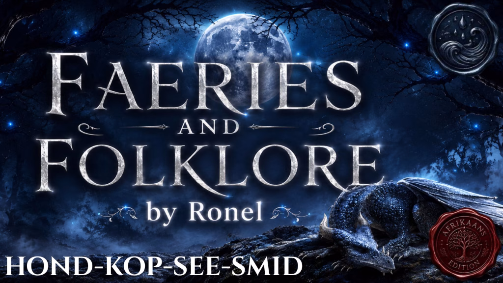 A dark fantasy banner titled "FAERIES AND FOLKLORE by Ronel," set against a misty, gnarled forest under a large, glowing full moon. In the bottom left corner, the word "Hond-Kop-See-Smid" is written in a clean, white serif font. In the top right corner, there is a circular, dark metallic or wax seal stamp featuring an embossed illustration of a wave. A scaly blue dragon rests on a rocky ridge in the foreground, surrounded by faint, glowing blue magical embers. A red wax seal has “Afrikaans Edition” stamped on it with an embossed tree.
