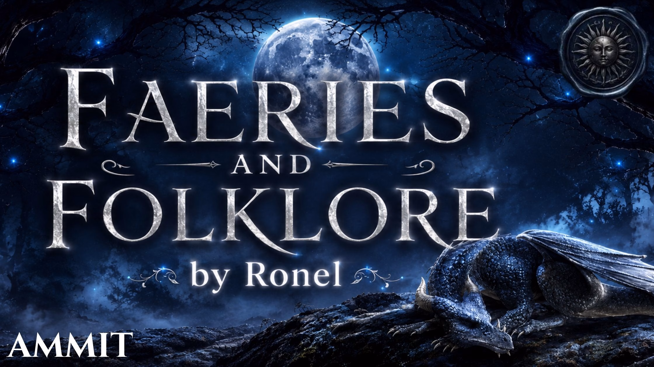 A dark fantasy banner titled "FAERIES AND FOLKLORE by Ronel," set against a misty, gnarled forest under a large, glowing full moon. In the bottom left corner, the word "Ammit" is written in a clean, white serif font. In the top right corner, there is a circular, dark metallic or wax seal stamp featuring an embossed illustration of a sun. A scaly blue dragon rests on a rocky ridge in the foreground, surrounded by faint, glowing blue magical embers.