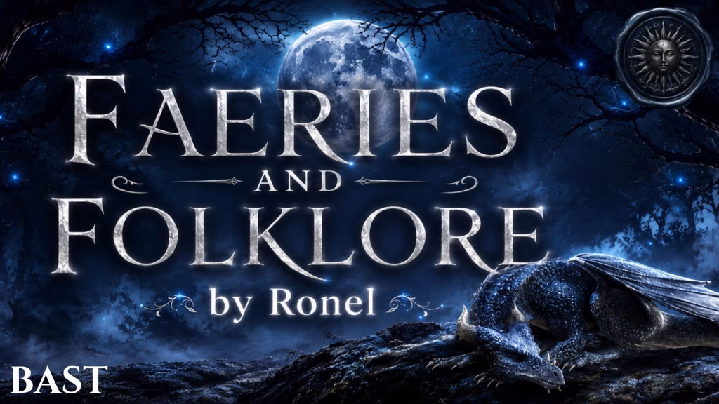 A dark fantasy banner titled "FAERIES AND FOLKLORE by Ronel," set against a misty, gnarled forest under a large, glowing full moon. In the bottom left corner, the word "Bast" is written in a clean, white serif font. In the top right corner, there is a circular, dark metallic or wax seal stamp featuring an embossed illustration of a sun. A scaly blue dragon rests on a rocky ridge in the foreground, surrounded by faint, glowing blue magical embers.