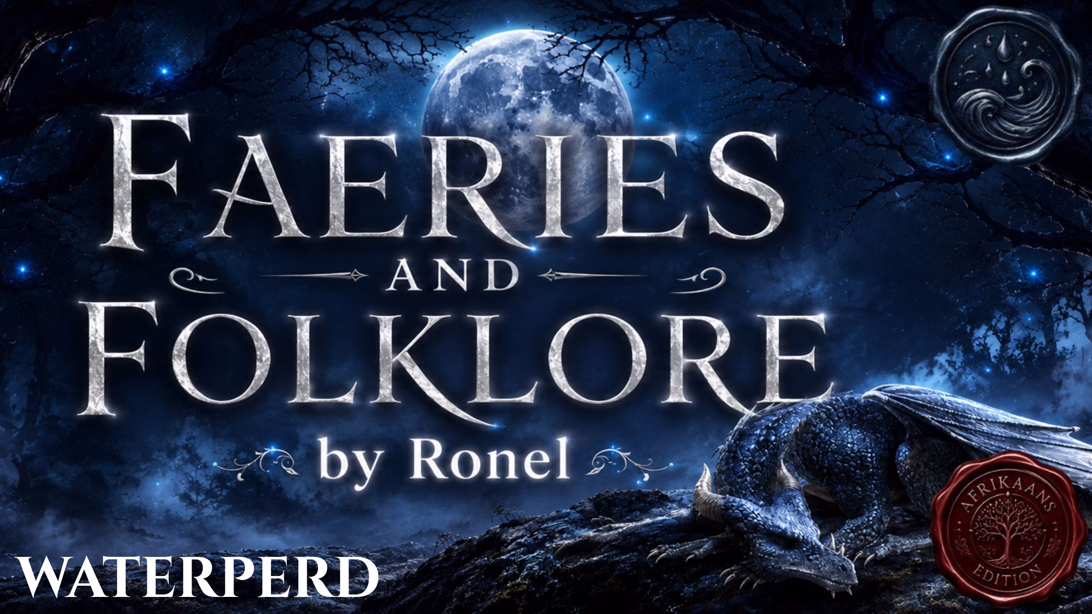 A dark fantasy banner titled "FAERIES AND FOLKLORE by Ronel," set against a misty, gnarled forest under a large, glowing full moon. In the bottom left corner, the word "Waterperd" is written in a clean, white serif font. In the top right corner, there is a circular, dark metallic or wax seal stamp featuring an embossed illustration of a wave. A scaly blue dragon rests on a rocky ridge in the foreground, surrounded by faint, glowing blue magical embers. A red wax seal has “Afrikaans Edition” stamped on it with an embossed tree.