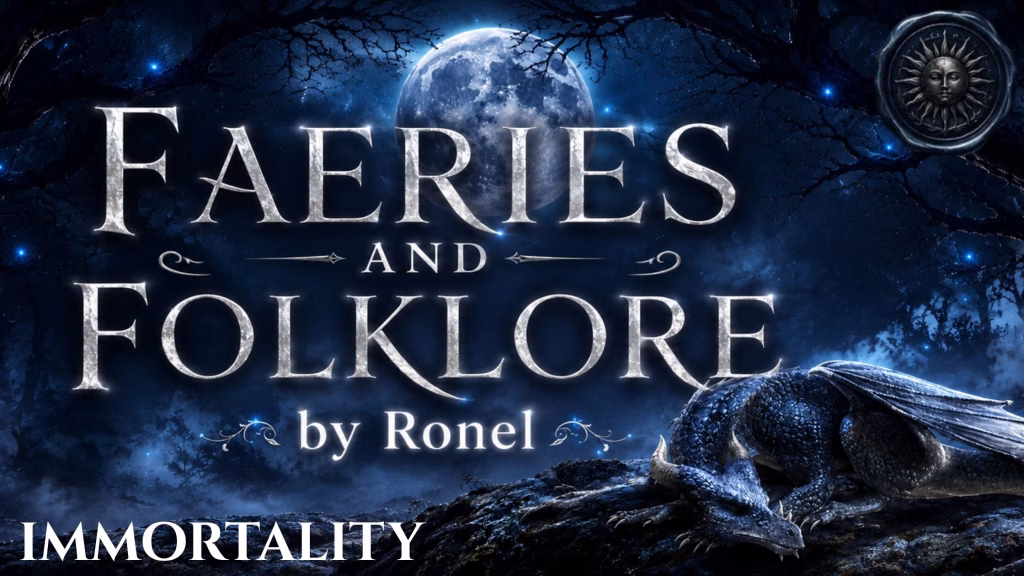 A dark fantasy banner titled "FAERIES AND FOLKLORE by Ronel," set against a misty, gnarled forest under a large, glowing full moon. In the bottom left corner, the word "Immortality" is written in a clean, white serif font. In the top right corner, there is a circular, dark metallic or wax seal stamp featuring an embossed illustration of a sun. A scaly blue dragon rests on a rocky ridge in the foreground, surrounded by faint, glowing blue magical embers.