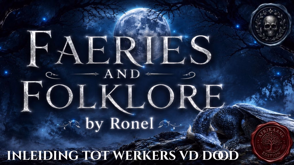A dark fantasy banner titled "FAERIES AND FOLKLORE by Ronel," set against a misty, gnarled forest under a large, glowing full moon. In the bottom left corner, the words "Inleiding tot Werkers van die Dood" are written in a clean, white serif font. In the top right corner, there is a circular, dark metallic or wax seal stamp featuring an embossed illustration of a skull. A scaly blue dragon rests on a rocky ridge in the foreground, surrounded by faint, glowing blue magical embers. A red wax seal has “Afrikaans Edition” stamped on it with an embossed tree.