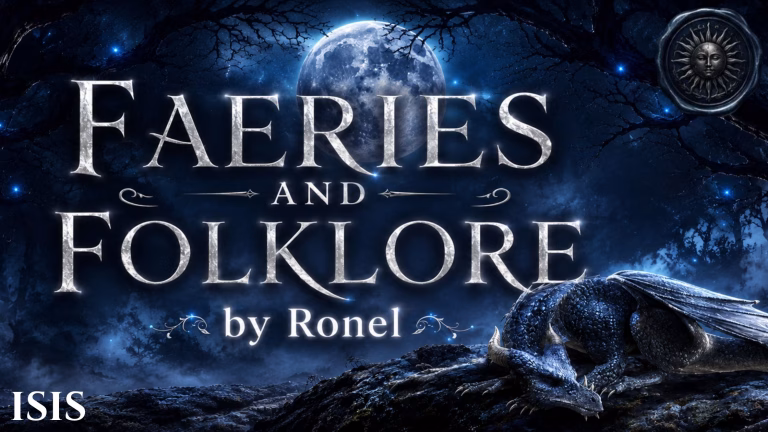 A dark fantasy banner titled "FAERIES AND FOLKLORE by Ronel," set against a misty, gnarled forest under a large, glowing full moon. In the bottom left corner, the word "Isis" is written in a clean, white serif font. In the top right corner, there is a circular, dark metallic or wax seal stamp featuring an embossed illustration of a sun. A scaly blue dragon rests on a rocky ridge in the foreground, surrounded by faint, glowing blue magical embers.