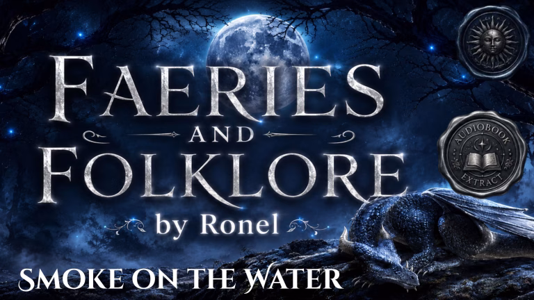 A dark fantasy banner titled "FAERIES AND FOLKLORE by Ronel," set against a misty, gnarled forest under a large, glowing full moon. In the bottom left corner, the words "Smoke on the Water" are written in a clean, white serif font. In the top right corner, there is a circular, dark metallic or wax seal stamp featuring an embossed illustration of a crescent moon and the words “From the Folklore Archive” and another dark metallic or wax seal stamp featuring an embossed illustration of an open book with the words “Audiobook Extract”. A scaly blue dragon rests on a rocky ridge in the foreground, surrounded by faint, glowing blue magical embers.