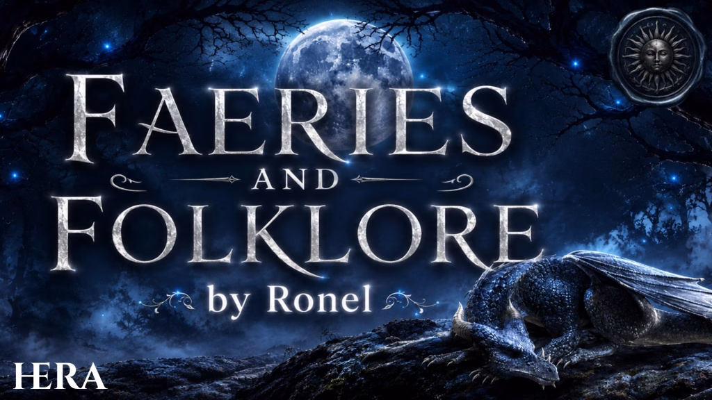 A dark fantasy banner titled "FAERIES AND FOLKLORE by Ronel," set against a misty, gnarled forest under a large, glowing full moon. In the bottom left corner, the word "Hera" is written in a clean, white serif font. In the top right corner, there is a circular, dark metallic or wax seal stamp featuring an embossed illustration of a sun. A scaly blue dragon rests on a rocky ridge in the foreground, surrounded by faint, glowing blue magical embers.