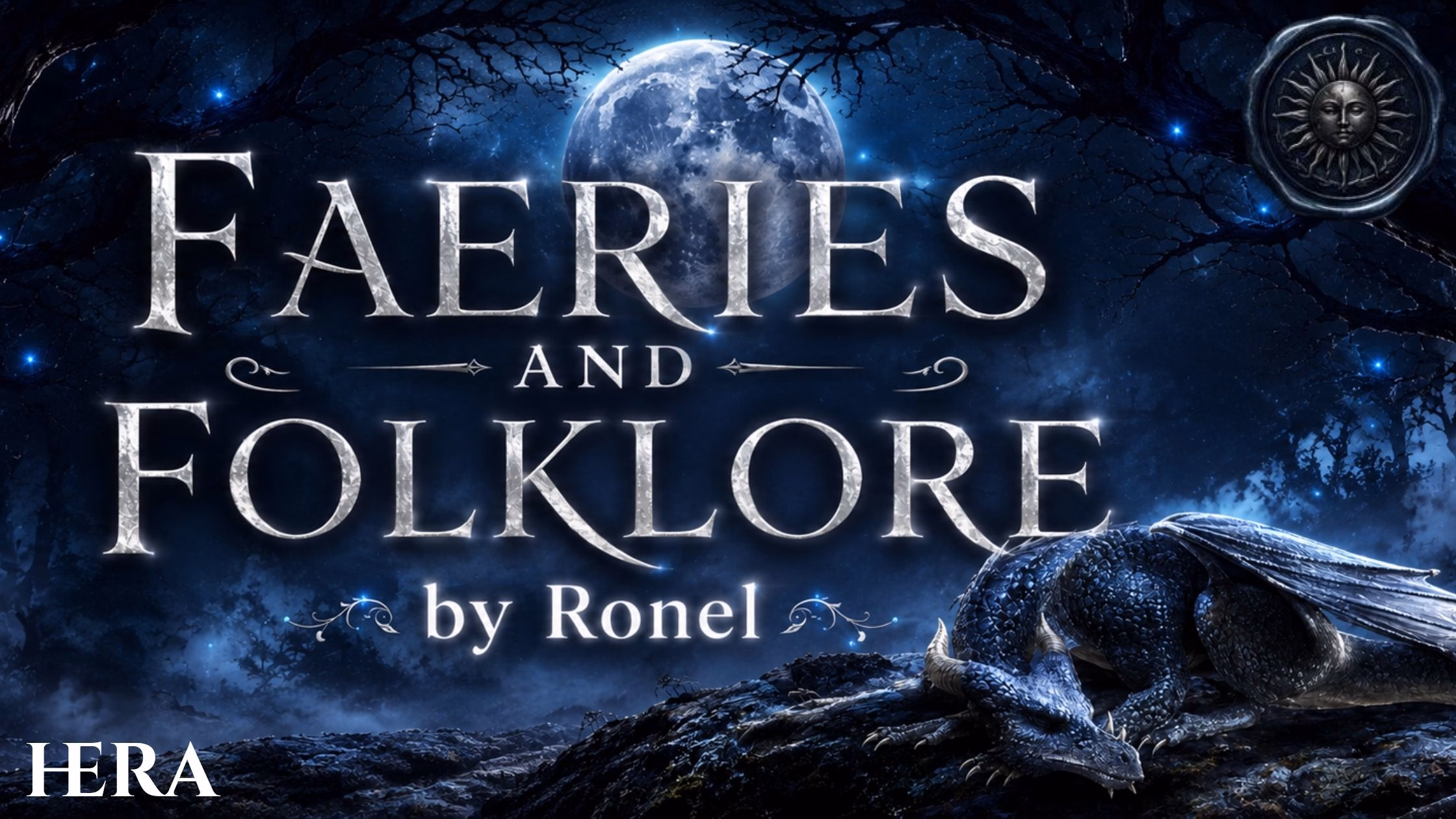 A dark fantasy banner titled "FAERIES AND FOLKLORE by Ronel," set against a misty, gnarled forest under a large, glowing full moon. In the bottom left corner, the word "Hera" is written in a clean, white serif font. In the top right corner, there is a circular, dark metallic or wax seal stamp featuring an embossed illustration of a sun. A scaly blue dragon rests on a rocky ridge in the foreground, surrounded by faint, glowing blue magical embers.