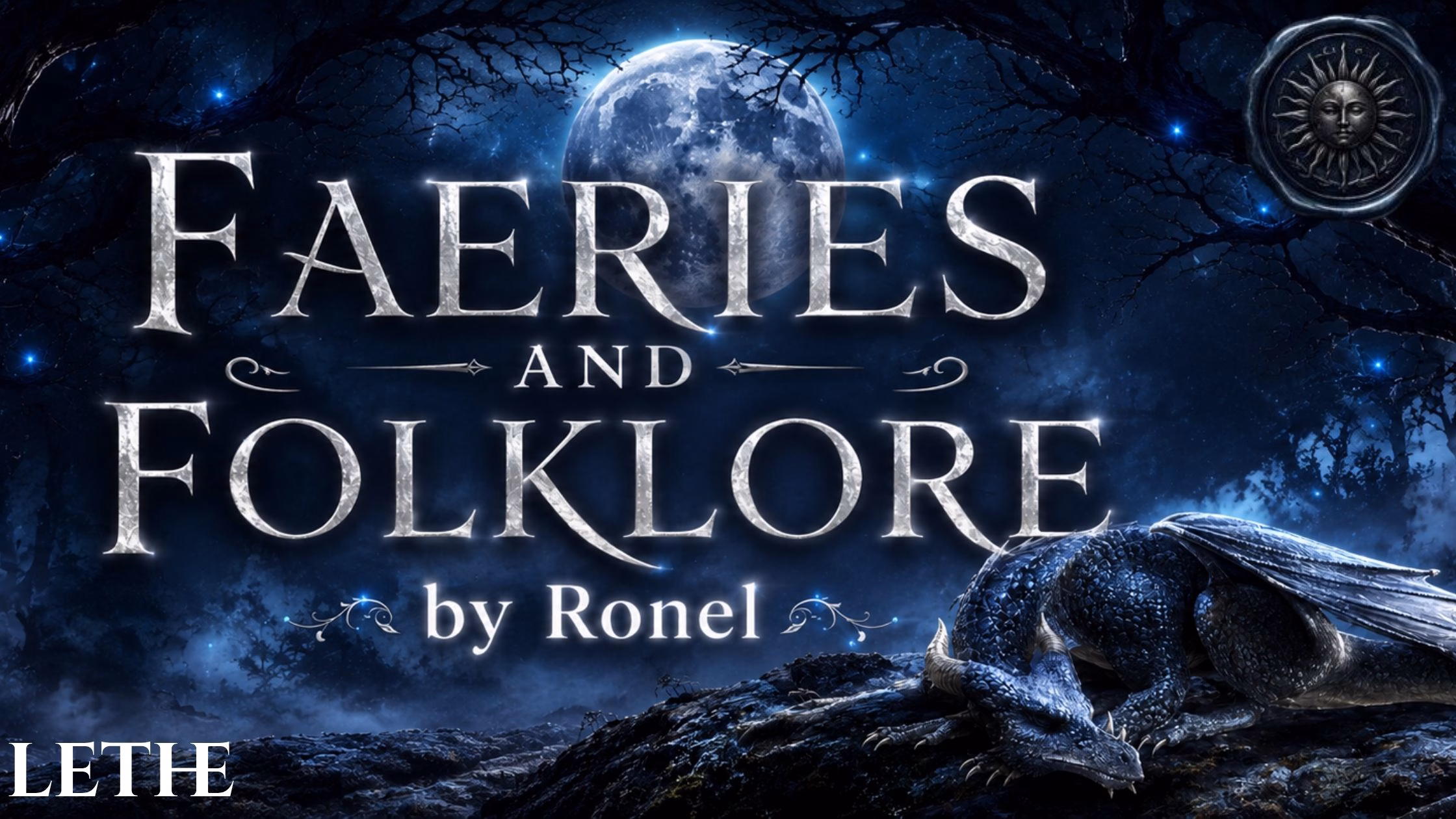 A dark fantasy banner titled "FAERIES AND FOLKLORE by Ronel," set against a misty, gnarled forest under a large, glowing full moon. In the bottom left corner, the word "Lethe" is written in a clean, white serif font. In the top right corner, there is a circular, dark metallic or wax seal stamp featuring an embossed illustration of a sun. A scaly blue dragon rests on a rocky ridge in the foreground, surrounded by faint, glowing blue magical embers.