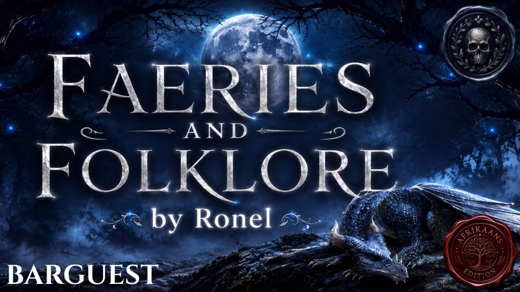 A dark fantasy banner titled "FAERIES AND FOLKLORE by Ronel," set against a misty, gnarled forest under a large, glowing full moon. In the bottom left corner, the word "Barguest" is written in a clean, white serif font. In the top right corner, there is a circular, dark metallic or wax seal stamp featuring an embossed illustration of a skull. A scaly blue dragon rests on a rocky ridge in the foreground, surrounded by faint, glowing blue magical embers. A red wax seal has “Afrikaans Edition” stamped on it with an embossed tree.