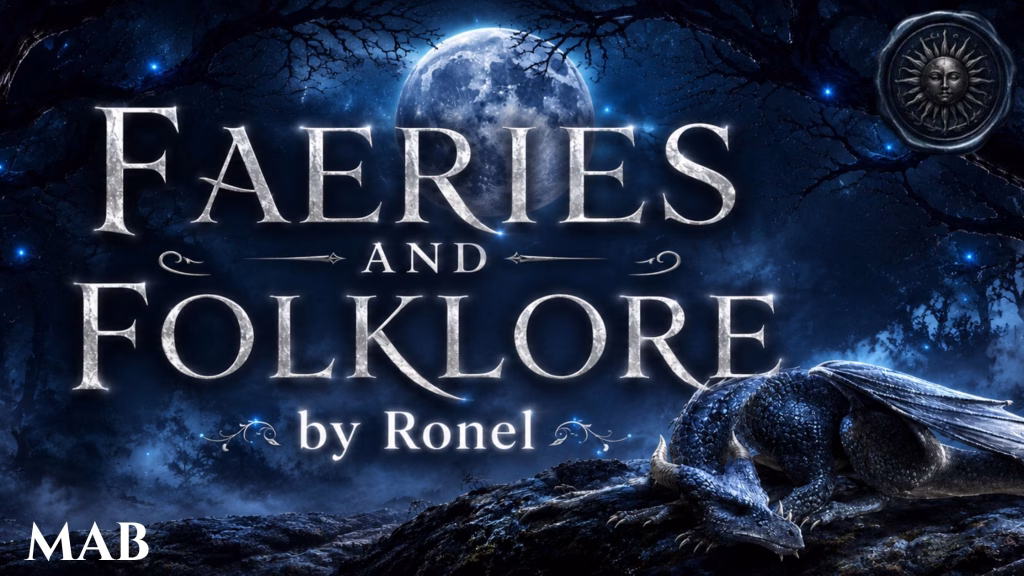 A dark fantasy banner titled "FAERIES AND FOLKLORE by Ronel," set against a misty, gnarled forest under a large, glowing full moon. In the bottom left corner, the word "Mab" is written in a clean, white serif font. In the top right corner, there is a circular, dark metallic or wax seal stamp featuring an embossed illustration of a sun. A scaly blue dragon rests on a rocky ridge in the foreground, surrounded by faint, glowing blue magical embers.