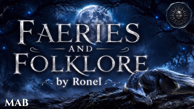 A dark fantasy banner titled "FAERIES AND FOLKLORE by Ronel," set against a misty, gnarled forest under a large, glowing full moon. In the bottom left corner, the word "Mab" is written in a clean, white serif font. In the top right corner, there is a circular, dark metallic or wax seal stamp featuring an embossed illustration of a sun. A scaly blue dragon rests on a rocky ridge in the foreground, surrounded by faint, glowing blue magical embers.