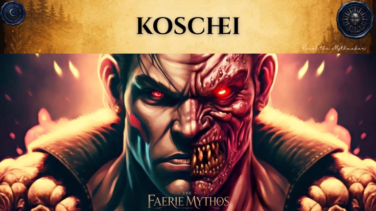 A character card from "The Faerie Mythos" series titled "KOSCHEI" by Ronel the Mythmaker. The image features a split-face portrait: on the left, a sharp-featured man with intense red eyes, and on the right, a decaying, monstrous visage with glowing red eyes and bared fangs. The background is a warm, atmospheric orange, and the top corners feature wax seals from "From The Folklore Archive". The text is displayed in black.