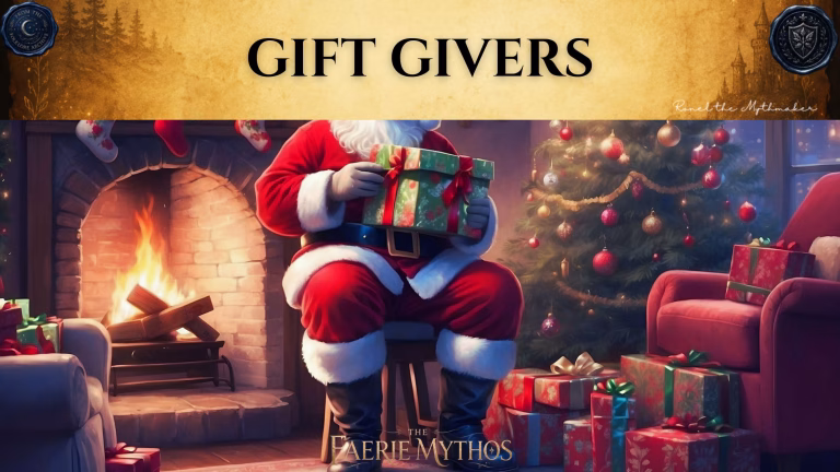 A holiday-themed digital banner with a top-heavy title layout. The upper section consists of a wide, textured gold parchment banner displaying the words "GIFT GIVERS" in a bold black serif font. The banner is flanked by two dark blue wax seals: the left one reads "From the Folklore Archive" and the right features a shield crest. The lower right corner of the gold section is signed "Ronel the Mythmaker" in white script. Below the banner, the scene shows a cropped view of Santa Claus seated on a wooden stool, holding a green and gold wrapped present tied with a red ribbon. He is positioned in a cozy, warmly lit room between a roaring brick fireplace hung with stockings on the left, and a fully decorated Christmas tree glowing with lights and ornaments on the right. Additional wrapped gifts are piled on the floor near a red armchair. "The Faerie Mythos" logo is centered at the very bottom of the image.