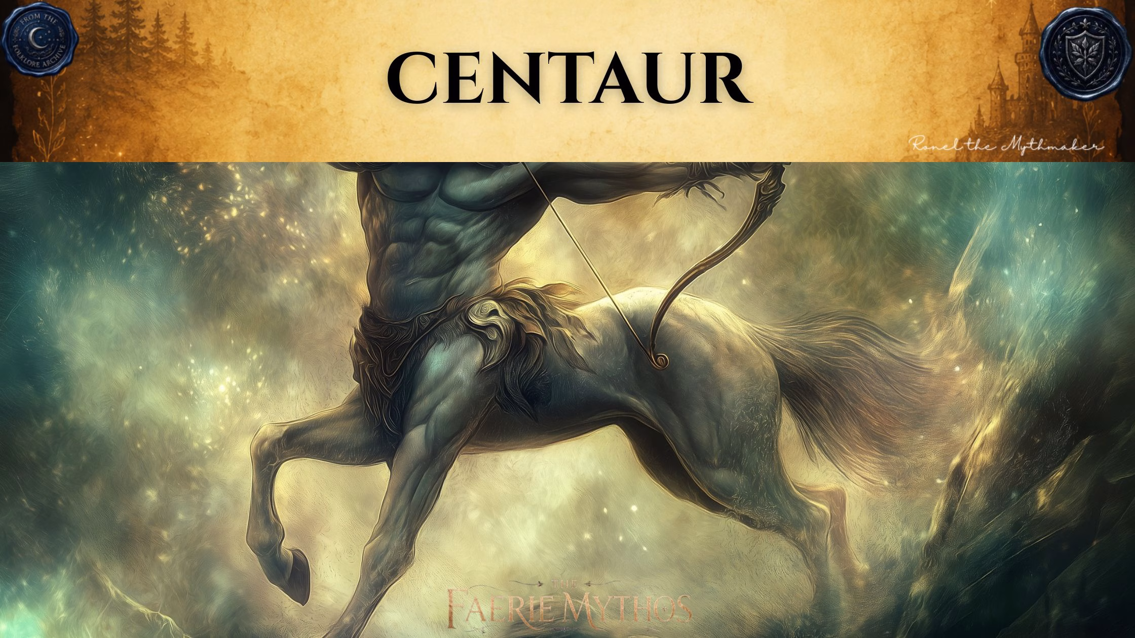 A dark fantasy digital banner with a top-heavy title layout. The upper section consists of a wide, textured gold parchment banner displaying the word "CENTAUR" in a bold black serif font. The banner is flanked by two dark blue wax seals: the left one reads "From the Folklore Archive" and the right features a shield crest. The lower right corner of the gold section is signed "Ronel the Mythmaker" in white script. Below the banner, the image shows a cropped, dynamic view of a muscular centaur mid-stride, moving from left to right. The creature has a powerful greyish-blue horse body and a matching, toned human torso, pulling back a golden bow to aim an arrow. The background is a misty, ethereal forest scene filled with soft golden light and green-tinted haze. "The Faerie Mythos" logo is centered at the very bottom of the image.