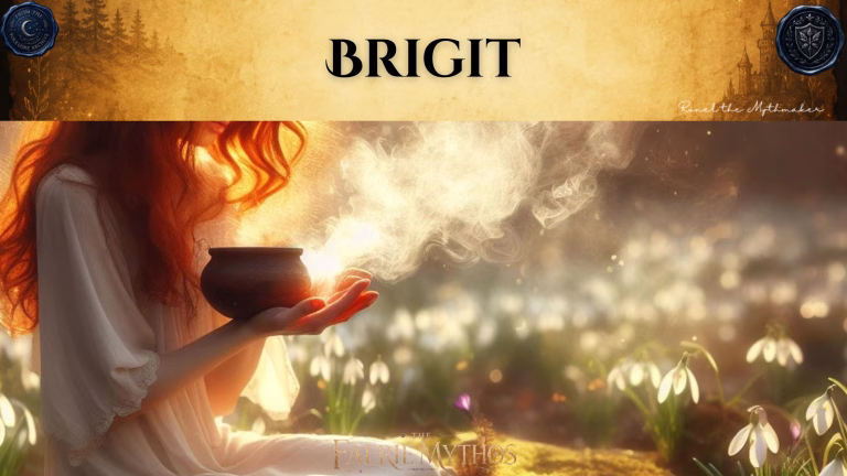 A dark fantasy digital banner with a top-heavy title layout. The upper section consists of a wide, textured gold parchment banner displaying the word "BRIGIT" in a bold black serif font. The banner is flanked by two dark blue wax seals: the left one reads "From the Folklore Archive" and the right features a shield crest. The lower right corner of the gold section is signed "Ronel the Mythmaker" in white script. Below the banner, the image shows a side profile of a woman with long, vibrant red hair wearing a white gown, seated outdoors. She holds a small dark cauldron in her hands, from which a bright, magical white light and smoke billow out. The surrounding field is filled with white snowdrop flowers blooming under a soft, golden sunlight. "The Faerie Mythos" logo is centered at the very bottom of the image.