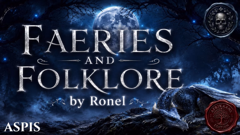 A dark fantasy banner titled "FAERIES AND FOLKLORE by Ronel," set against a misty, gnarled forest under a large, glowing full moon. In the bottom left corner, the word "Aspis" is written in a clean, white serif font. In the top right corner, there is a circular, dark metallic or wax seal stamp featuring an embossed illustration of a skull. A scaly blue dragon rests on a rocky ridge in the foreground, surrounded by faint, glowing blue magical embers. A red wax seal has “Afrikaans Edition” stamped on it with an embossed tree.