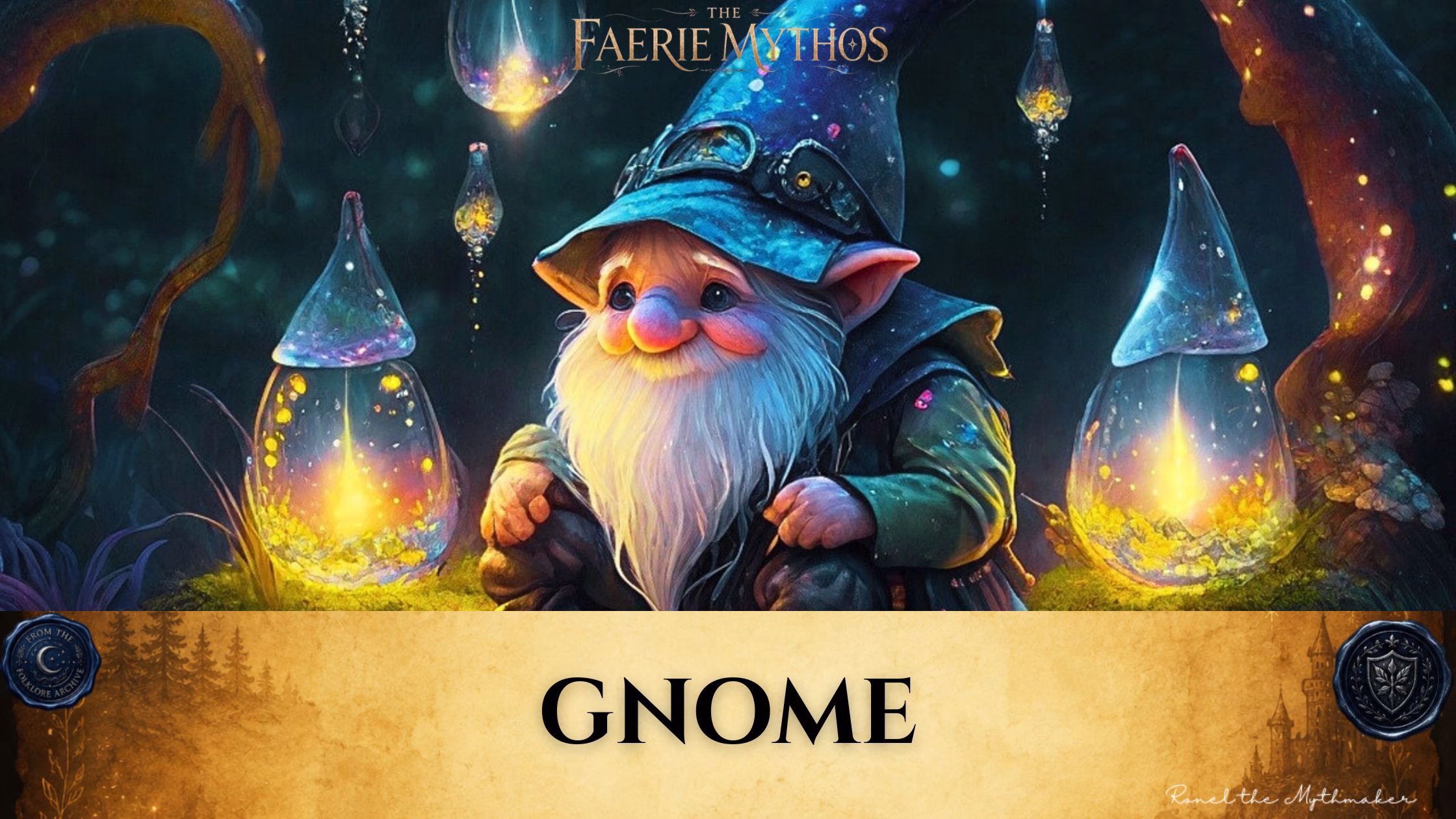 Digital banner for "The Faerie Mythos." The upper section features a whimsical, close-up portrait of a charming gnome with a long white beard, rosy cheeks, and large expressive eyes. He is wearing a pointed, starry blue wizard hat adorned with a pair of dark goggles on the brim. He sits nestled in a dark, magical forest setting surrounded by several teardrop-shaped glass lanterns that glow with a warm, golden firefly-like light from within. Across the bottom, a wide, textured gold parchment banner displays the word "GNOME" in bold black serif lettering. The banner is anchored by two dark blue wax seals: one on the left reading "From the Folklore Archive" and one on the right featuring a shield emblem. The lower right corner includes the signature "Ronel the Mythmaker" in a white script font.
