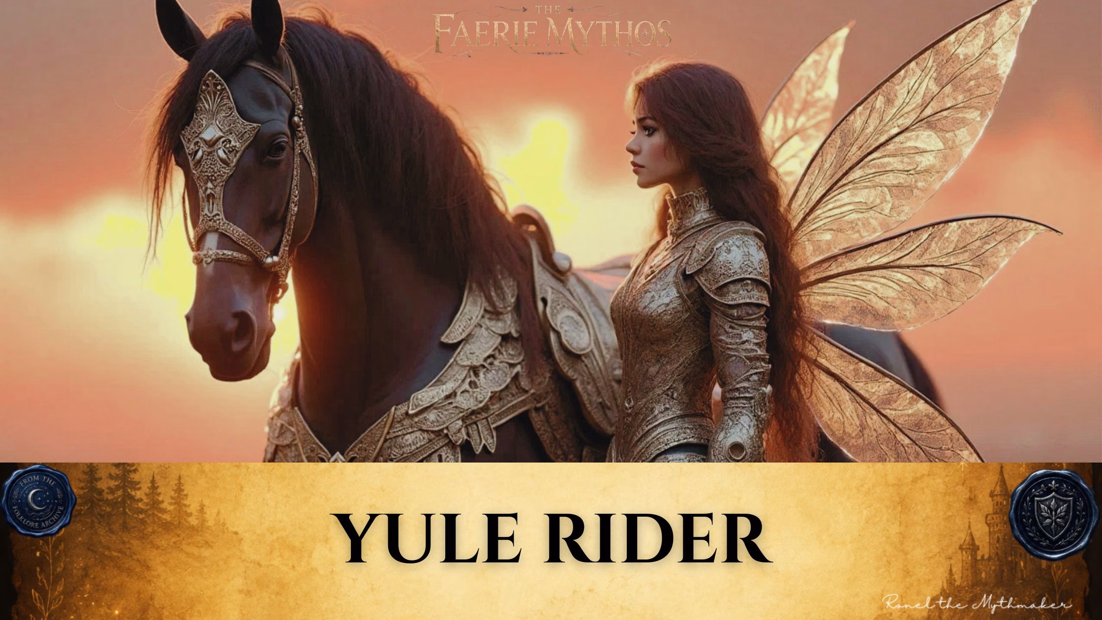 Digital banner for "The Faerie Mythos." The upper section depicts a winged woman with long, flowing brown hair standing in profile next to a large, dark brown horse. Both the woman and the horse are adorned in highly detailed, matching gold or bronze armor with intricate filigree patterns. The woman features large, translucent, insect-like wings that catch the warm light. They are set against a dramatic, hazy orange and yellow sunset sky. Across the bottom, a wide, textured gold parchment banner displays the words "YULE RIDER" in bold black serif lettering. The banner is anchored by two dark blue wax seals: one on the left reading "From the Folklore Archive" and one on the right featuring a shield emblem. The lower right corner includes the signature "Ronel the Mythmaker" in a white script font.