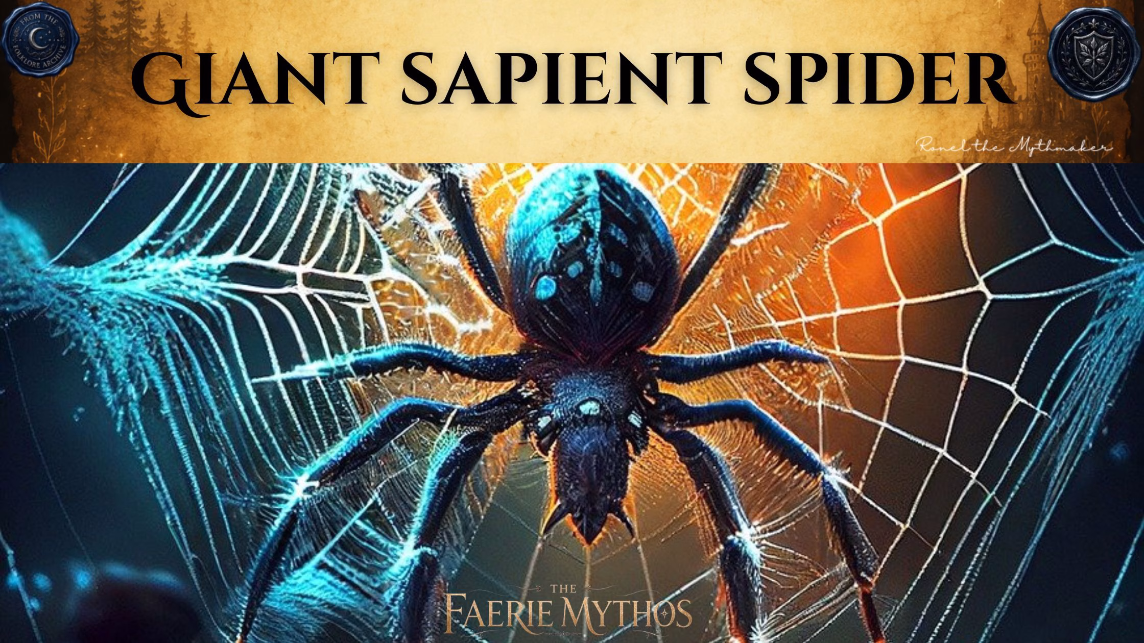 A dark fantasy digital banner with a top-heavy title layout. The upper section consists of a wide, textured gold parchment banner displaying the words "GIANT SAPIENT SPIDER" in a bold black serif font. The banner is flanked by two dark blue wax seals: the left one reads "From the Folklore Archive" and the right features a shield crest. The lower right corner of the gold section is signed "Ronel the Mythmaker" in white script. Below the banner, the image shows a large, detailed spider positioned at the center of an intricate web. The spider has a dark body with blue highlights on its abdomen and prominent fangs. The background is dramatically split by lighting, with a cool teal glow illuminating the left side of the web and a warm orange glow highlighting the right side. "The Faerie Mythos" logo is centered at the very bottom of the image.