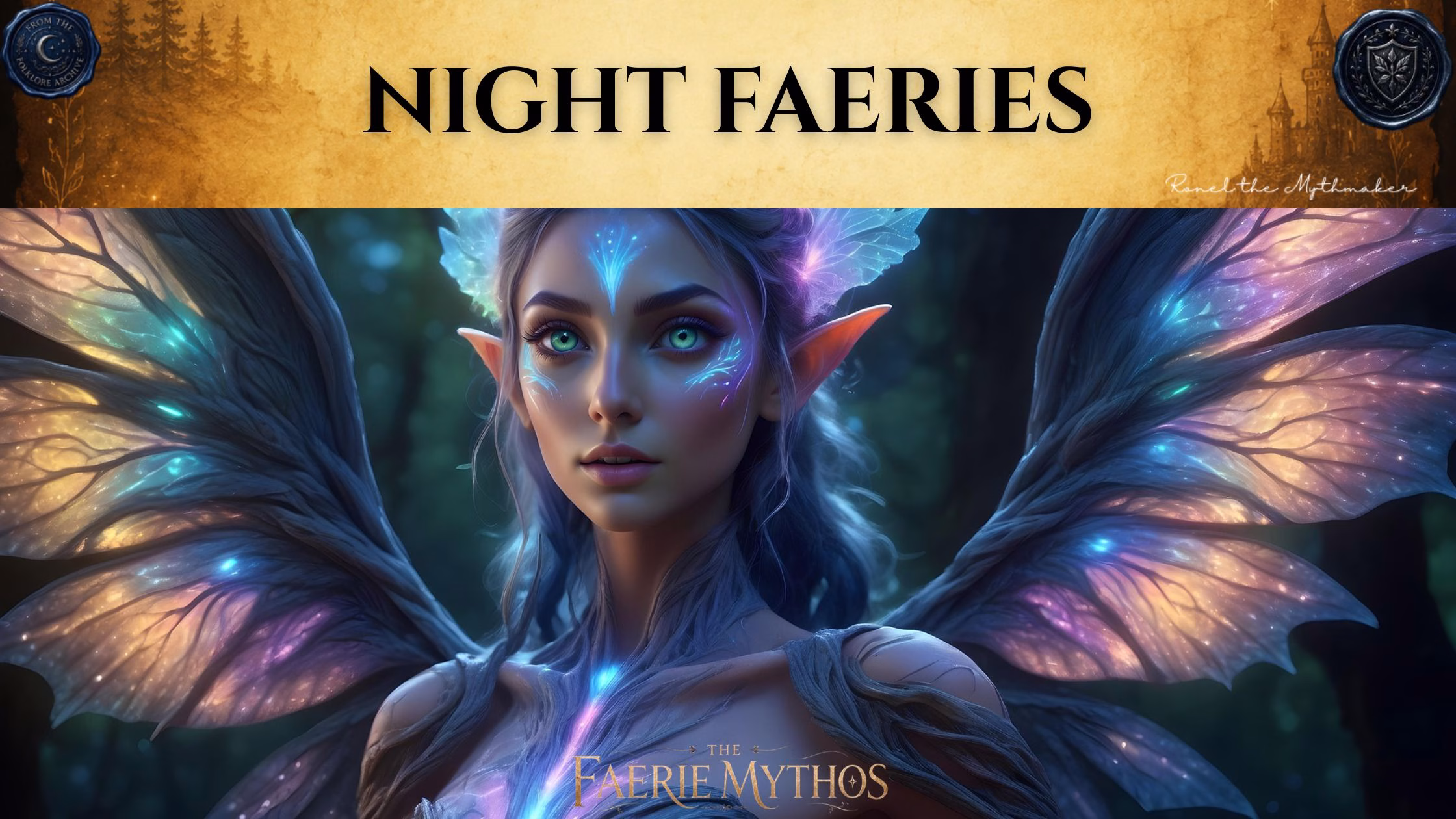 A dark fantasy digital banner with a top-heavy title layout. The upper section consists of a wide, textured gold parchment banner displaying the words "NIGHT FAERIES" in a bold black serif font. The banner is flanked by two dark blue wax seals: the left one reads "From the Folklore Archive" and the right features a shield crest. The lower right corner of the gold section is signed "Ronel the Mythmaker" in white script. Below the banner, the image features a portrait of a beautiful, ethereal faerie with pointed elf-like ears and luminous green eyes. Her forehead and face are adorned with glowing blue bioluminescent markings, and she possesses large, intricate wings that shimmer with translucent veins of purple, gold, and pink light. The background is a dark, shadowy forest. "The Faerie Mythos" logo is centered at the very bottom of the image.