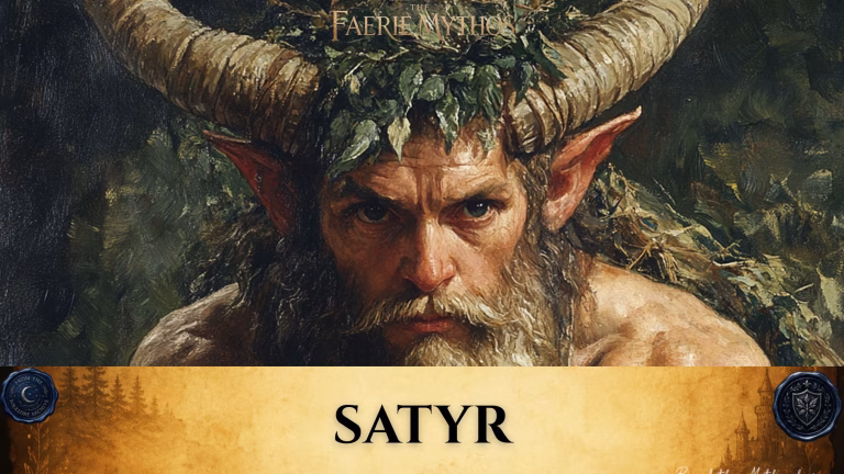 Digital banner for "The Faerie Mythos." The upper section features a powerful, classical oil painting-style portrait of a satyr looking directly forward with a fierce, intense expression. The creature has large, curved ram-like horns, long pointed ears, a full weathered beard, and dark green leaves woven into its hair like a crown against a dark, textured forest background. Across the bottom, a wide, textured gold parchment banner displays the word "SATYR" in bold black serif lettering. The banner is anchored by two dark blue wax seals: one on the left reading "From the Folklore Archive" and one on the right featuring a shield emblem. The lower right corner includes the signature "Ronel the Mythmaker" in a white script font.