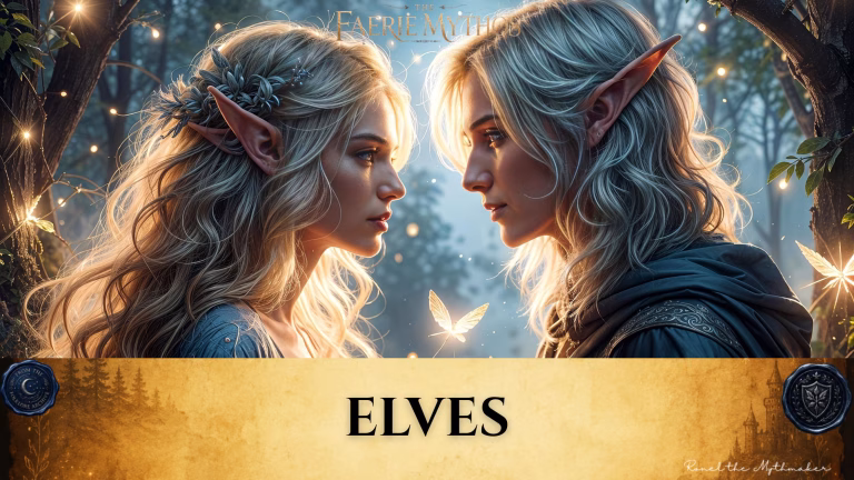 Digital banner for "The Faerie Mythos." The upper section features an intimate close-up of two elves—a woman on the left and a man on the right—gazing deeply at one another in profile. Both have long, wavy blonde hair, fair skin, and long pointed ears, with backlighting that makes their silhouettes glow. Between them, a small, luminous butterfly floats in the air. The setting is an enchanted, misty forest at twilight, with delicate fairy lights twinkling in the background trees. Across the bottom, a wide, textured gold parchment banner displays the word "ELVES" in bold black serif lettering. The banner is anchored by two dark blue wax seals: one on the left reading "From the Folklore Archive" and one on the right featuring a shield emblem. The lower right corner includes the signature "Ronel the Mythmaker" in a white script font.