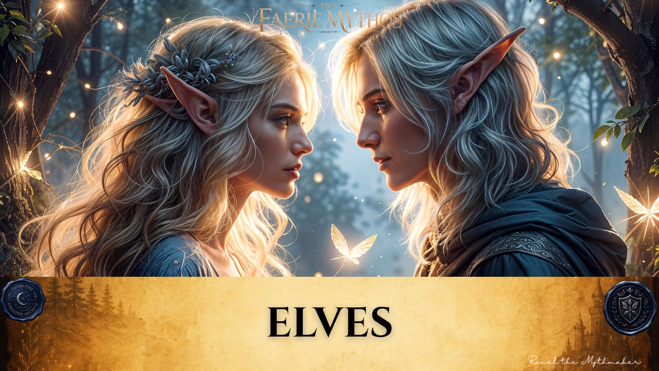 Digital banner for "The Faerie Mythos." The upper section features an intimate close-up of two elves—a woman on the left and a man on the right—gazing deeply at one another in profile. Both have long, wavy blonde hair, fair skin, and long pointed ears, with backlighting that makes their silhouettes glow. Between them, a small, luminous butterfly floats in the air. The setting is an enchanted, misty forest at twilight, with delicate fairy lights twinkling in the background trees. Across the bottom, a wide, textured gold parchment banner displays the word "ELVES" in bold black serif lettering. The banner is anchored by two dark blue wax seals: one on the left reading "From the Folklore Archive" and one on the right featuring a shield emblem. The lower right corner includes the signature "Ronel the Mythmaker" in a white script font.