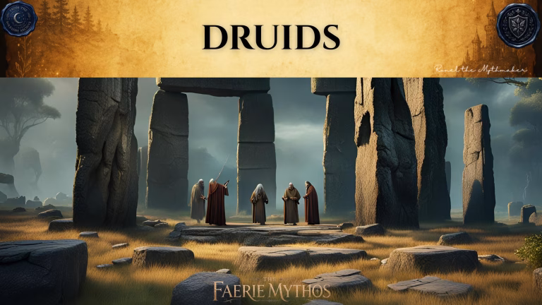 A dark fantasy digital banner with a top-heavy title layout. The upper section consists of a wide, textured gold parchment banner displaying the word "DRUIDS" in a bold black serif font. The banner is flanked by two dark blue wax seals: the left one reads "From the Folklore Archive" and the right features a shield crest. The lower right corner of the gold section is signed "Ronel the Mythmaker" in white script. Below the banner, the scene shows a group of hooded figures gathered in the center of a prehistoric stone circle, resembling Stonehenge, under a cloudy, overcast sky. The robed figures stand on a raised stone platform amidst an open field of dry grass, appearing to conduct a ritual or meeting. "The Faerie Mythos" logo is centered at the very bottom of the image.