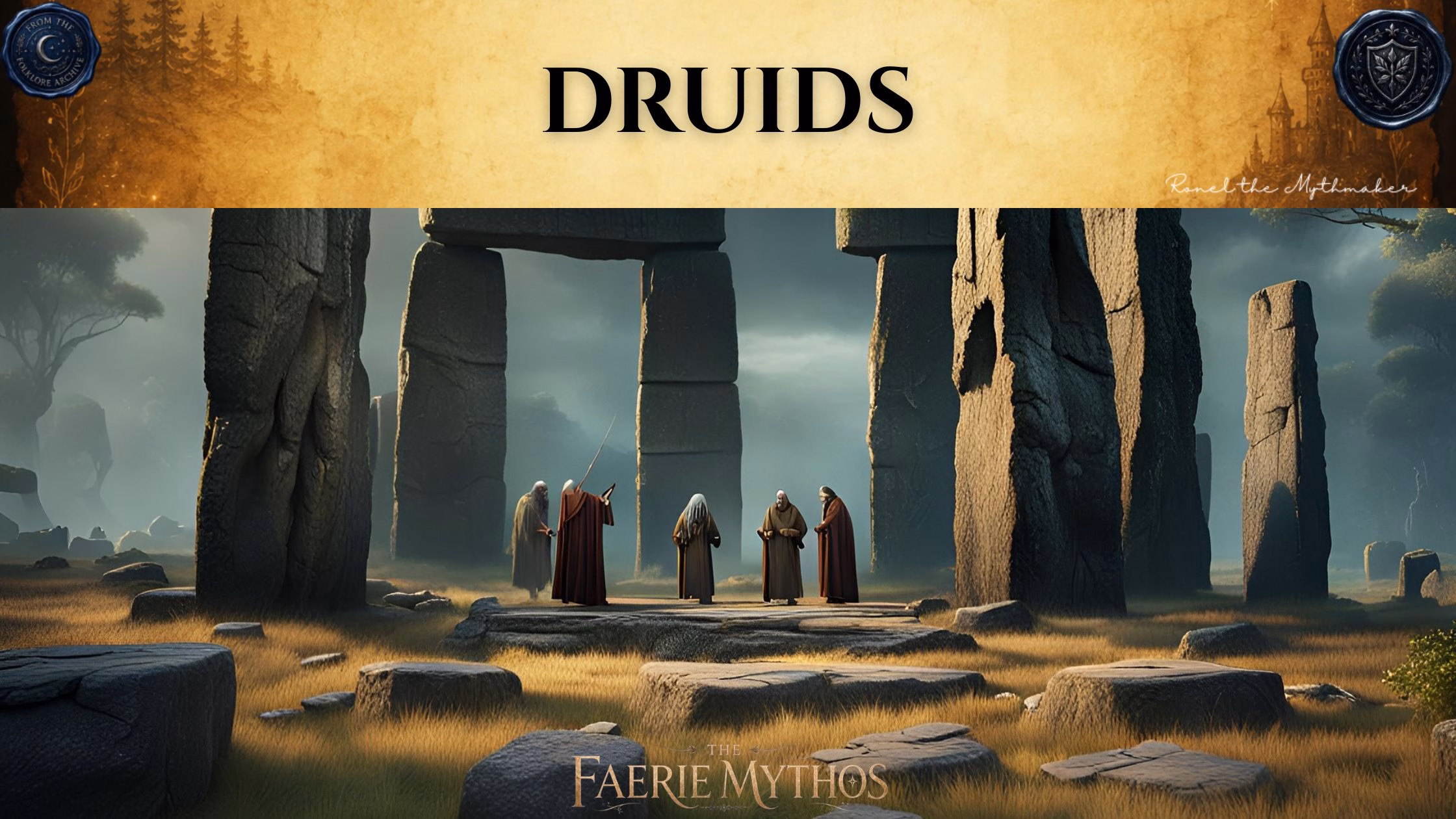 A dark fantasy digital banner with a top-heavy title layout. The upper section consists of a wide, textured gold parchment banner displaying the word "DRUIDS" in a bold black serif font. The banner is flanked by two dark blue wax seals: the left one reads "From the Folklore Archive" and the right features a shield crest. The lower right corner of the gold section is signed "Ronel the Mythmaker" in white script. Below the banner, the scene shows a group of hooded figures gathered in the center of a prehistoric stone circle, resembling Stonehenge, under a cloudy, overcast sky. The robed figures stand on a raised stone platform amidst an open field of dry grass, appearing to conduct a ritual or meeting. "The Faerie Mythos" logo is centered at the very bottom of the image.