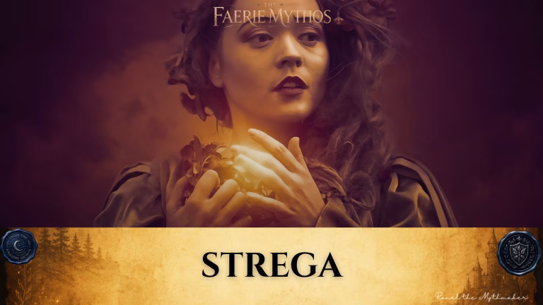 Dark fantasy digital banner for "The Faerie Mythos." The upper portion features a woman with dark lipstick and wavy hair adorned with dried flora, looking upward with an intense expression against a moody, deep amber and burgundy sky. Her hands are clasped near her chest, cradling a cluster of dark leaves that glow with a bright, warm golden light from within. The lower portion features a wide, textured gold parchment banner with the word "STREGA" in bold black serif text. The banner is flanked by two dark blue wax seals: one on the left reading "From the Folklore Archive" and one on the right with a shield crest. The lower right corner is signed "Ronel the Mythmaker" in white script.