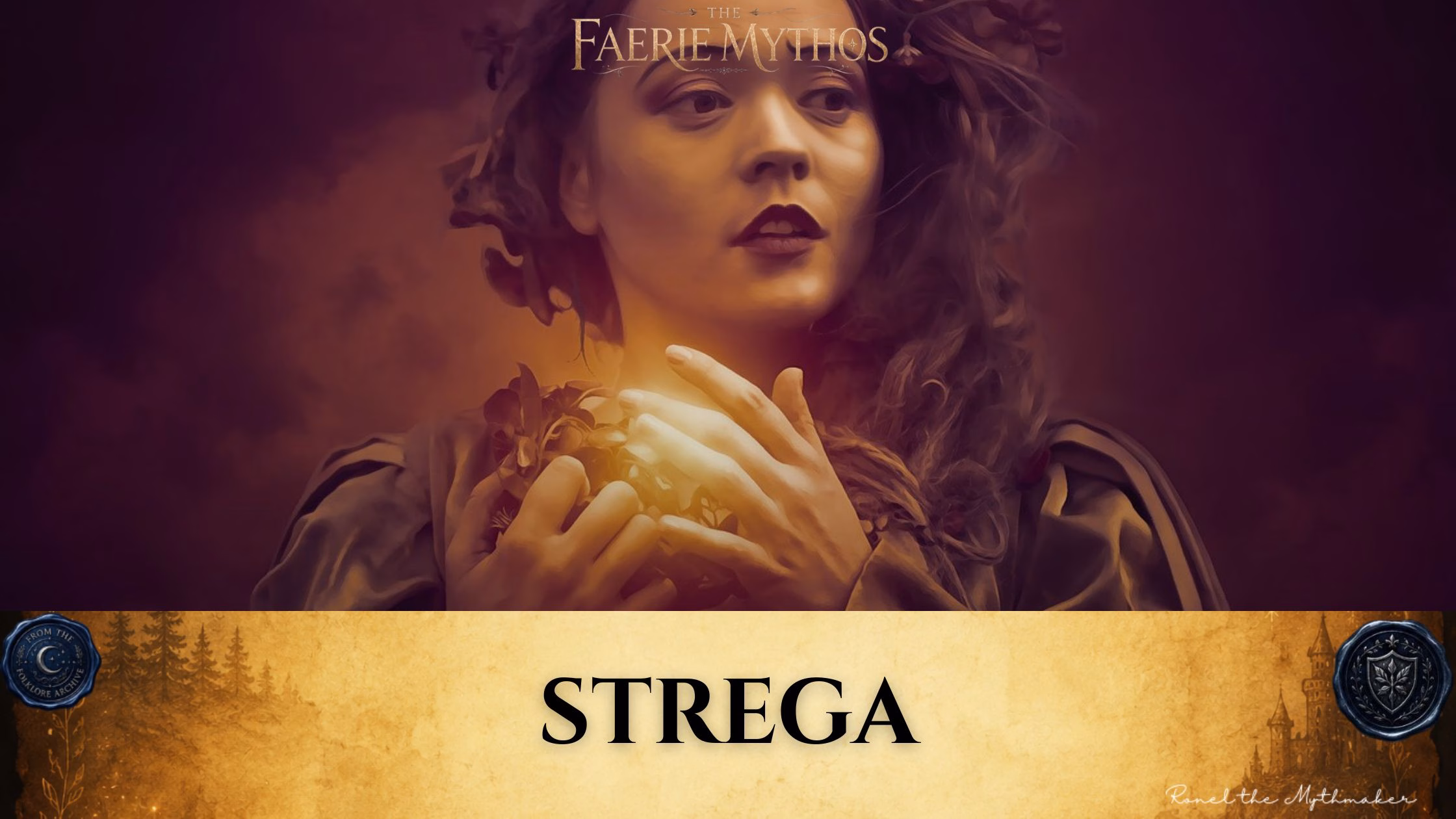 Dark fantasy digital banner for "The Faerie Mythos." The upper portion features a woman with dark lipstick and wavy hair adorned with dried flora, looking upward with an intense expression against a moody, deep amber and burgundy sky. Her hands are clasped near her chest, cradling a cluster of dark leaves that glow with a bright, warm golden light from within. The lower portion features a wide, textured gold parchment banner with the word "STREGA" in bold black serif text. The banner is flanked by two dark blue wax seals: one on the left reading "From the Folklore Archive" and one on the right with a shield crest. The lower right corner is signed "Ronel the Mythmaker" in white script.