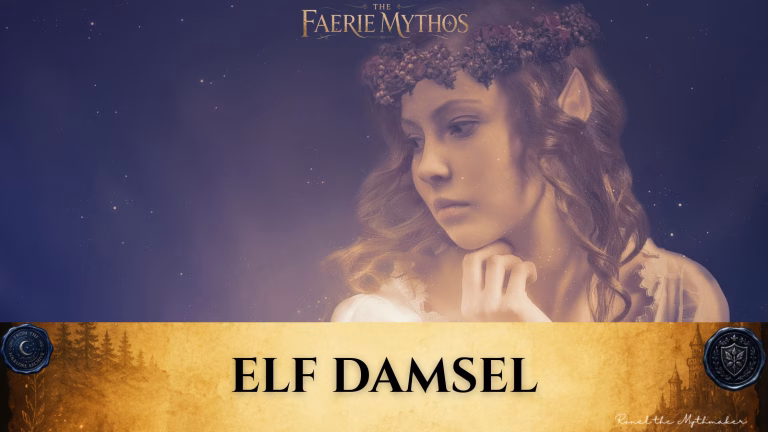 Dark fantasy digital banner for "The Faerie Mythos." The upper section depicts a young elf with prominent pointed ears and wavy hair, wearing a rustic crown woven from dark, dried flowers. She has a pensive expression, resting her chin gently on her hand against a deep blue, starry night sky background. Across the bottom, a wide, textured gold parchment banner displays the words "ELF DAMSEL" in bold black serif lettering. The banner is anchored by two dark blue wax seals: one on the left reading "From the Folklore Archive" and one on the right featuring a shield emblem. The lower right corner includes the signature "Ronel the Mythmaker" in a white script font.