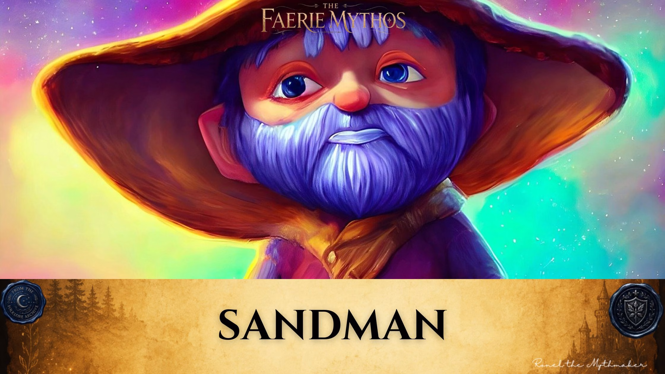 Digital banner for "The Faerie Mythos." The upper section features a whimsical, close-up portrait of a fantasy creature with large, soulful blue eyes, blue skin, a matching blue beard, and greyish-white hair peeking from under a wide, oversized brown hat. The background is a vibrant, swirling nebula of dreamlike colors including magenta, yellow, and turquoise. Across the bottom, a wide, textured gold parchment banner displays the word "SANDMAN" in bold black serif lettering. The banner is anchored by two dark blue wax seals: one on the left reading "From the Folklore Archive" and one on the right featuring a shield emblem. The lower right corner includes the signature "Ronel the Mythmaker" in a white script font.