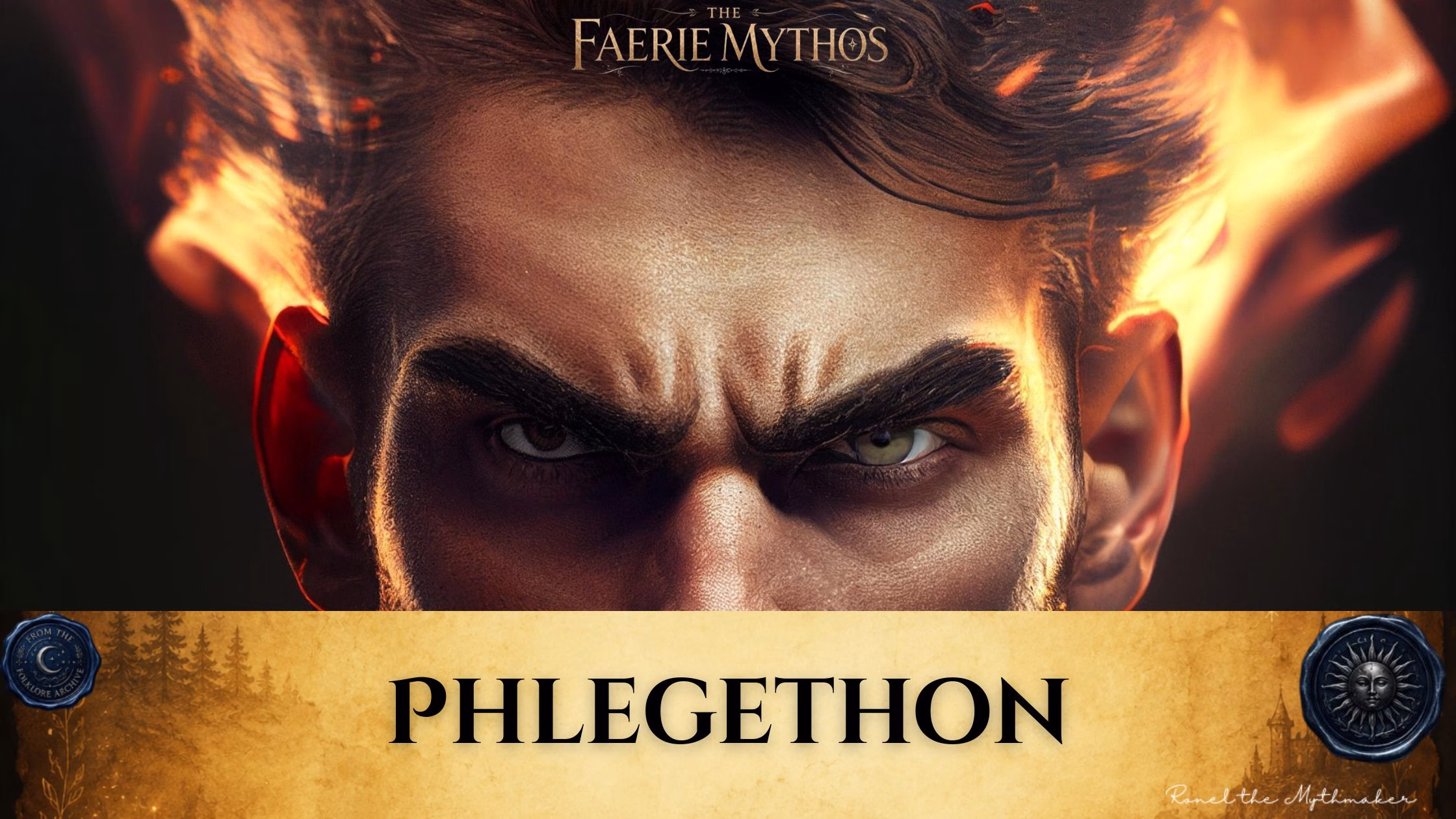 A character card from "The Faerie Mythos" series titled "PHLEGETHON" by Ronel the Mythmaker. The image features an intense close-up portrait of a man's face with hair appearing to be engulfed in flames. The bottom section contains a parchment-textured bar with wax seals from "From The Folklore Archive" on the sides, and the text is displayed in black.