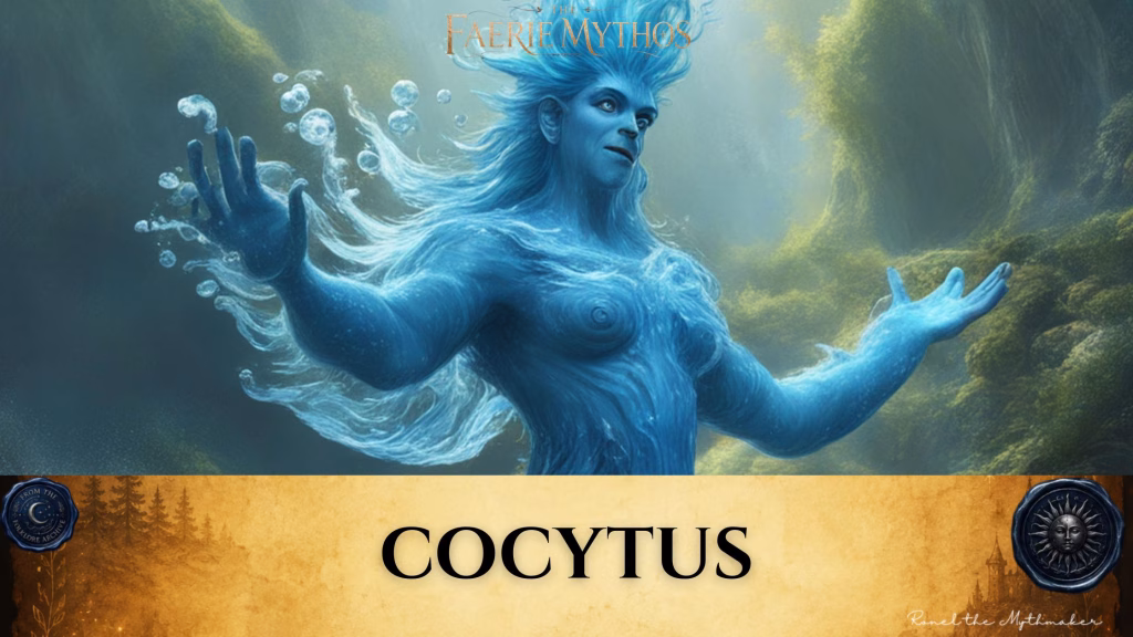 A character card from "The Faerie Mythos" series titled "COCYTUS" by Ronel the Mythmaker. The image features a blue-skinned, water-like entity with flowing hair and limbs dissipating into bubbles, set against a lush, green, natural background. The bottom section contains a parchment-textured bar with wax seals from "From The Folklore Archive" on the sides, and the text is displayed in black.