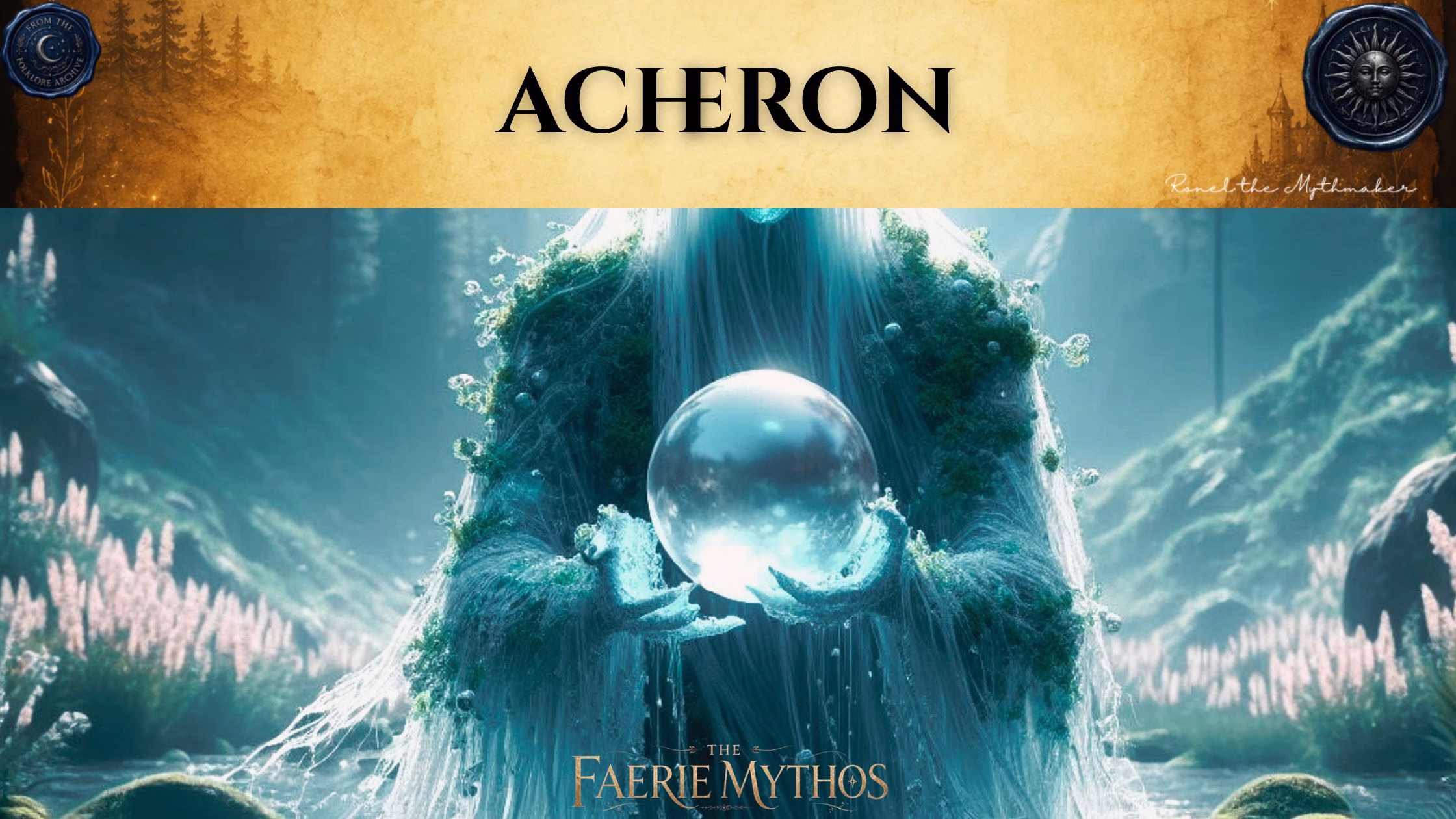 A character card from "The Faerie Mythos" series titled "ACHERON" by Ronel the Mythmaker. The image depicts an ethereal, moss-covered figure standing in a misty landscape, holding a glowing crystal orb in their hands. The top section features a parchment-textured bar with wax seals from "From The Folklore Archive" on the sides, and the text is displayed in black.