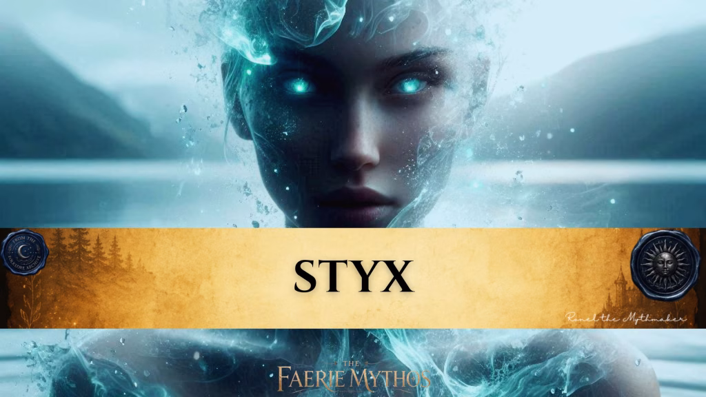 A character card from "The Faerie Mythos" series titled "STYX" by Ronel the Mythmaker. The image features a haunting, ethereal portrait of a woman whose face appears to be formed from water and mist, with glowing cyan eyes, set against a blurred, aquatic background. The central section features a parchment-textured horizontal bar with wax seals from "From The Folklore Archive" on the sides, and the text is displayed in black.