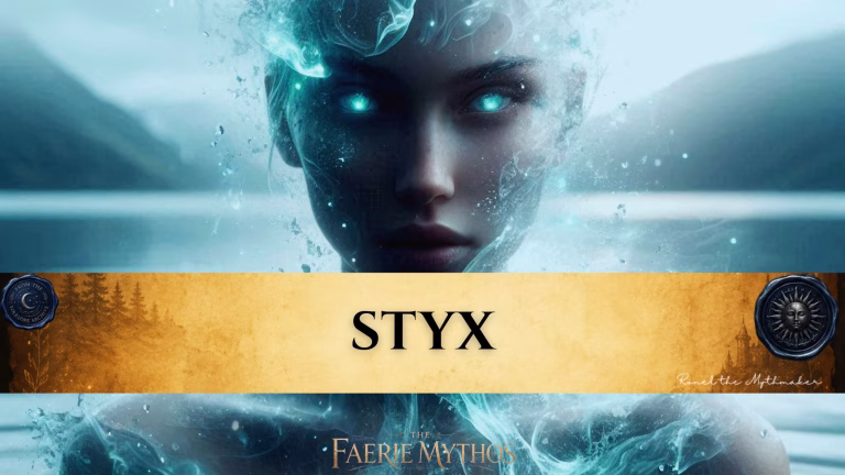 A character card from "The Faerie Mythos" series titled "STYX" by Ronel the Mythmaker. The image features a haunting, ethereal portrait of a woman whose face appears to be formed from water and mist, with glowing cyan eyes, set against a blurred, aquatic background. The central section features a parchment-textured horizontal bar with wax seals from "From The Folklore Archive" on the sides, and the text is displayed in black.